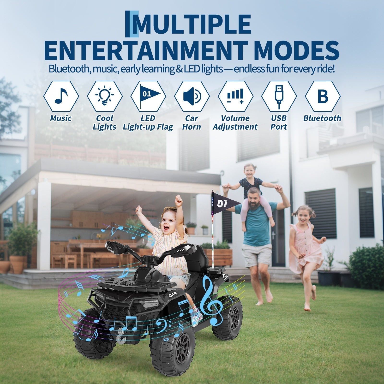 Garvee 12V Electric Ride On Car for Kids 3-8 Years, 2 * 45W Motor, Remote Control, LED Lights, Music Player & Emergency Brake, Battery Powered Cars for Toddlers & Big Kids - Black