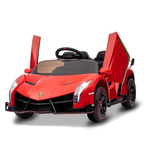 Garvee 12V Kids Ride On Car, Licensed Lamborghini Venono Electric Car w/Parent Remote Control, Scissor Door, 3 Speeds, LED Headlights, Rocking & Music, Battery Powered Ride on Toy for Boys Girls- Red