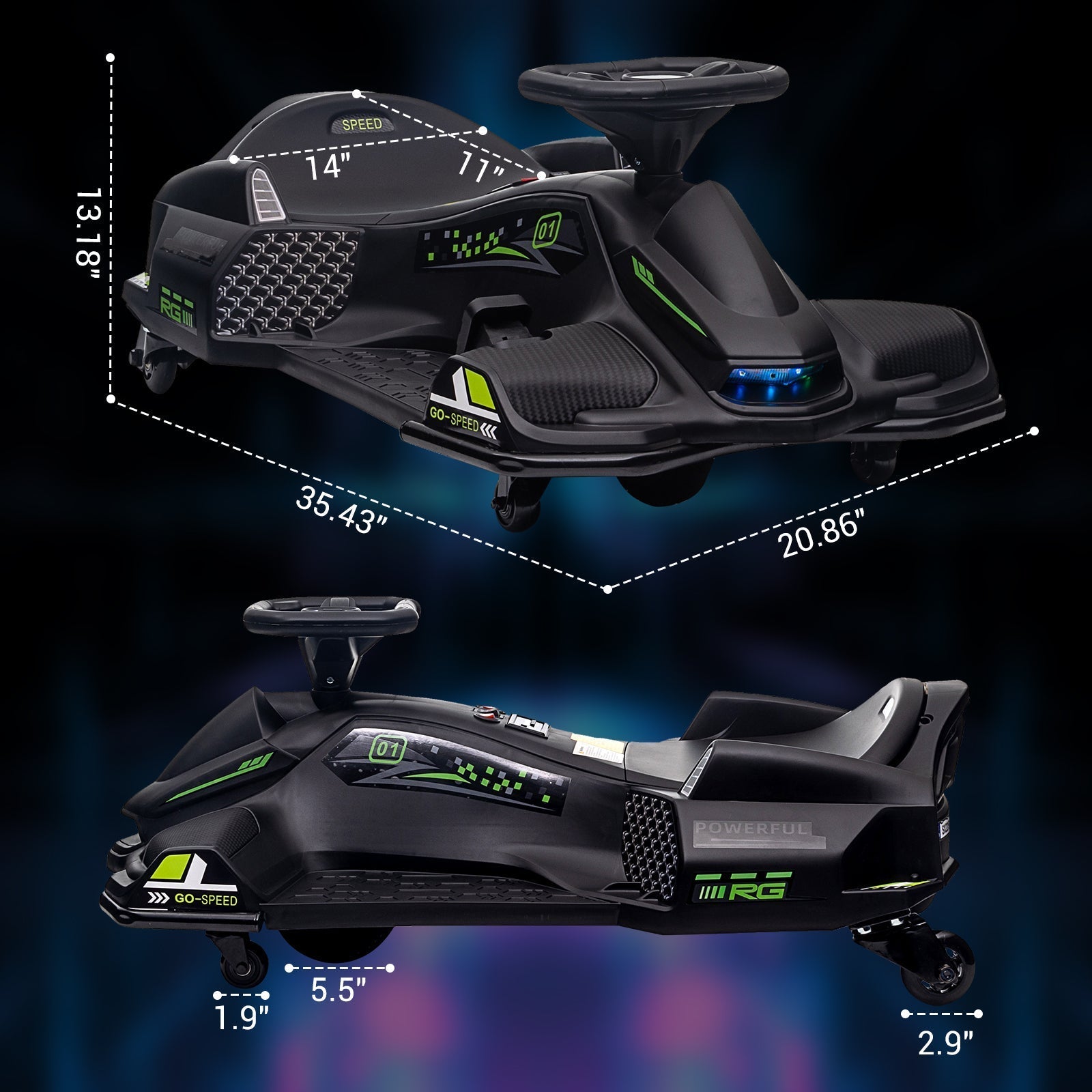 Garvee Ride - G Series: 24V Drift Go-Kart for Kids: Quality Metal, 7.5mph, LED, Music, for 8-12 Years Old - Black