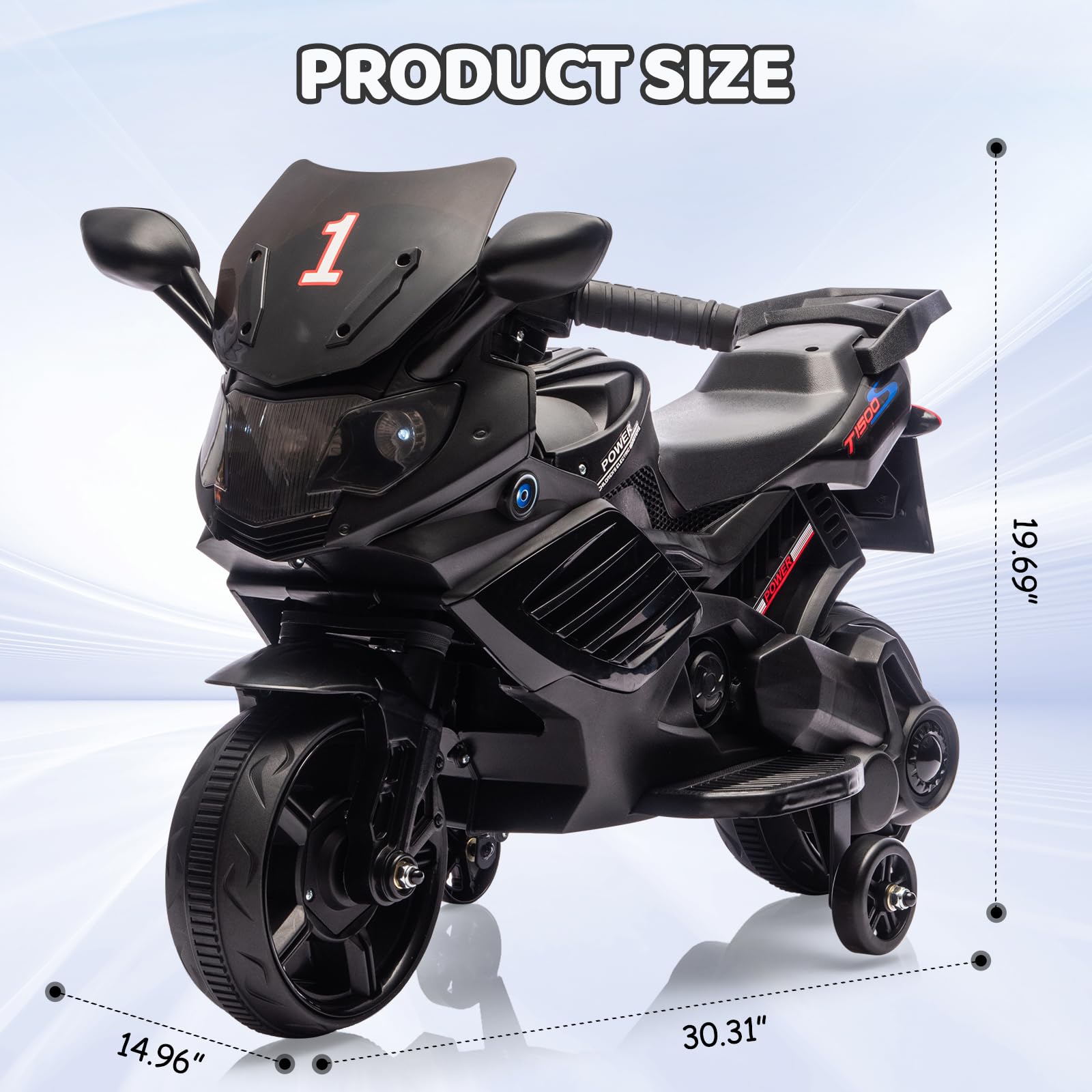 Garvee Kids 6V Ride On Motorcycle With Training Wheels For Toddlers, Black, 30.31" L x 14.96" W x 19.69" H