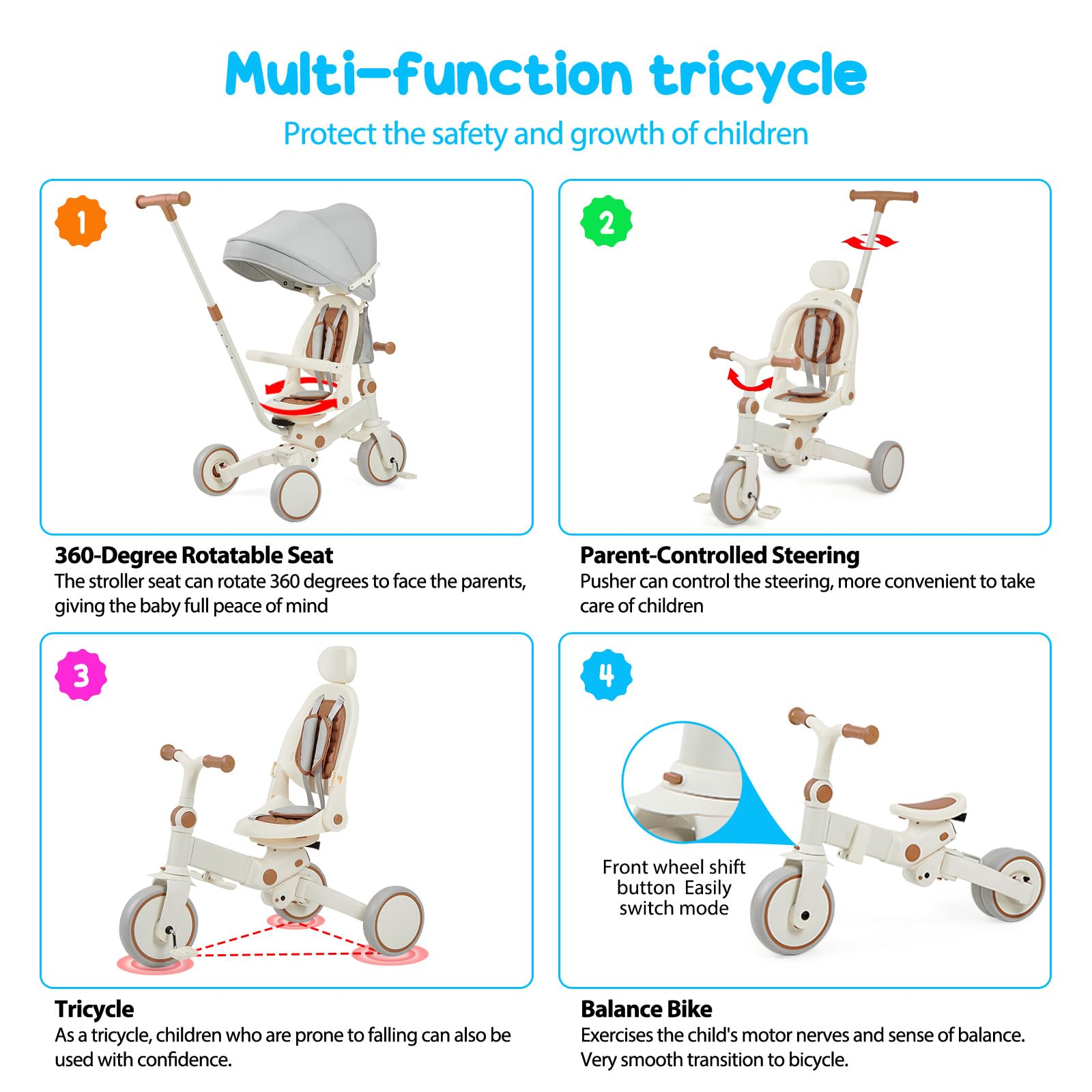 Garvee 7 in 1 Baby Tricycle, Foldable Toddler Tricycle with Removable and Adjustable Parent Handle, Toddler Push Bike with Removable Pedal, Canopy, and Guardrail, Tricycle for 12-72 Months(Brown)