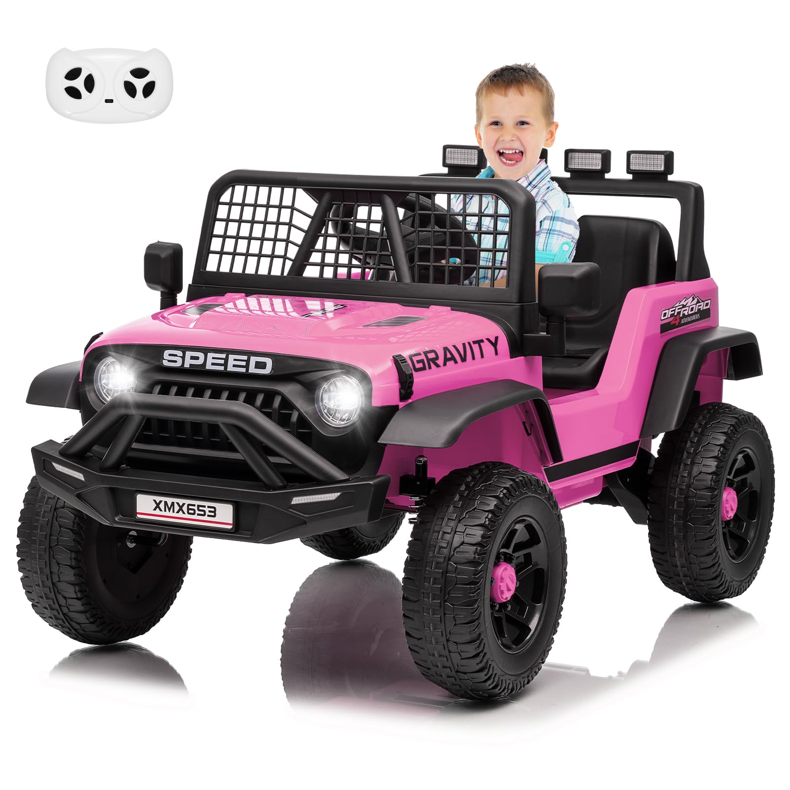 Garvee 12V Kids Ride On Truck Car with Parent Remote Control, 3 Speeds, Emergency Braking, LED Lights, Music & Horn, Pink for Boys and Girls Outdoor Adventures