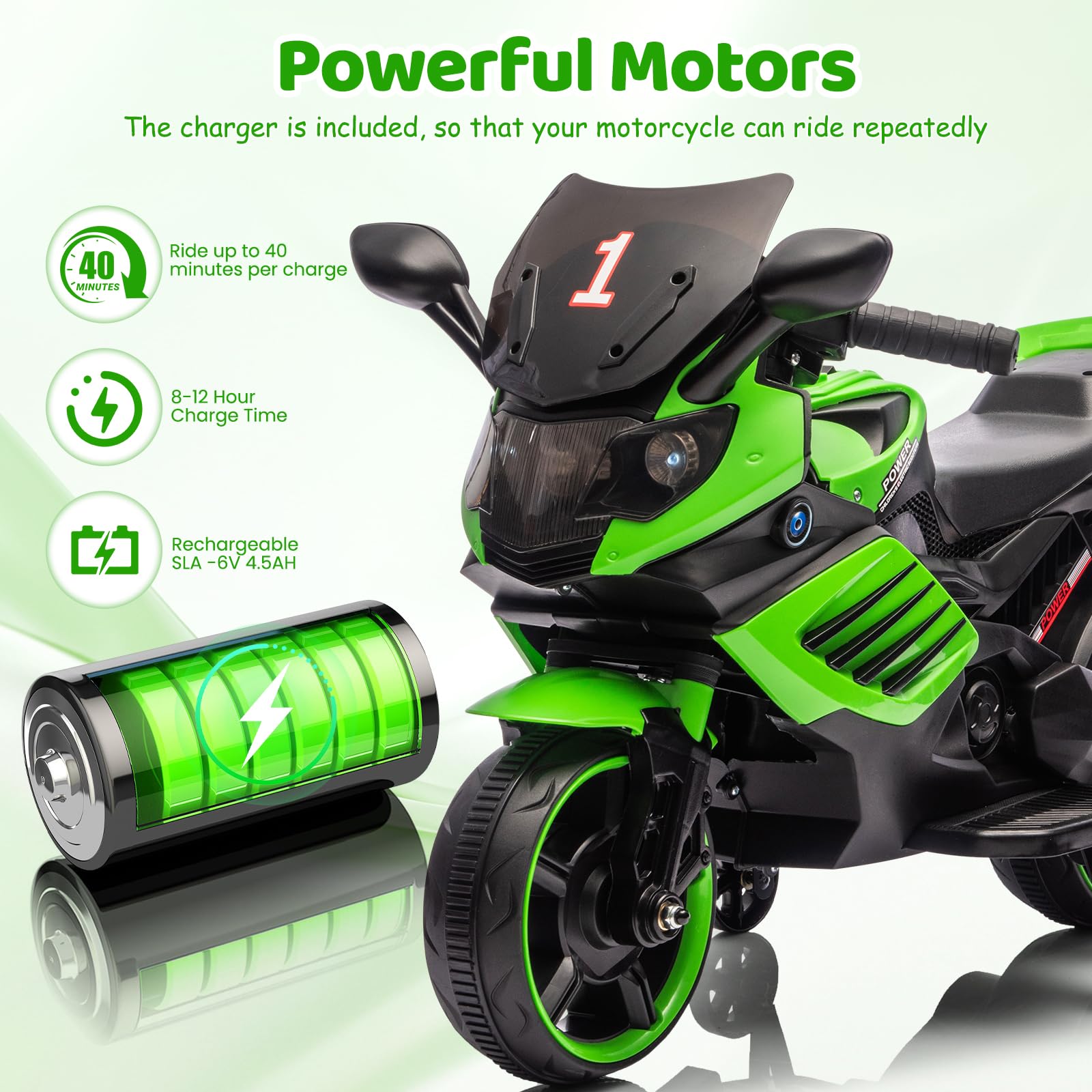Garvee Kids 6V Ride On Motorcycle With Training Wheels, Battery Powered Toddler Motorcycle For Boys And Girls, Green, 30.31" L x 14.96" W x 19.69" H