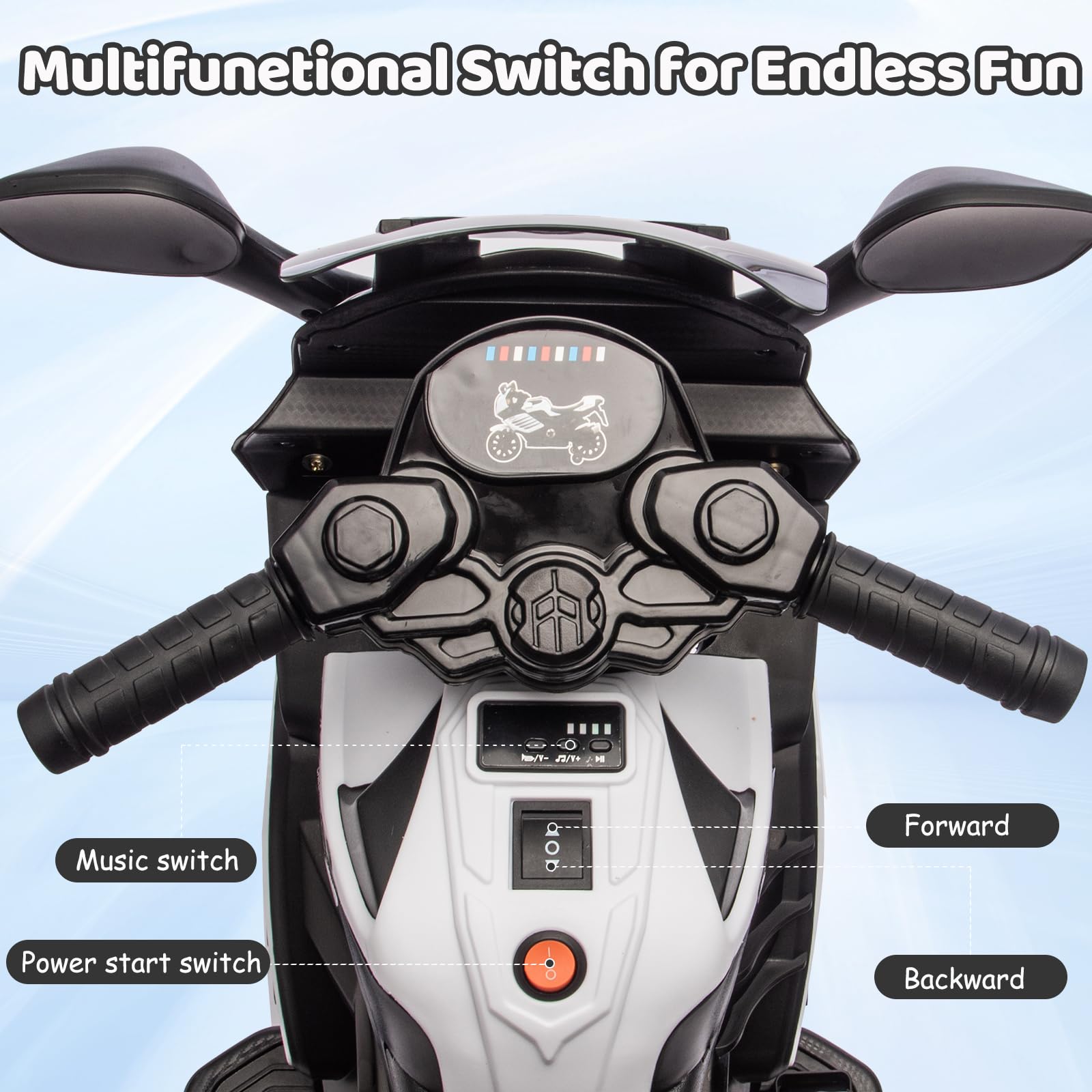 Garvee Kids 6V Ride On Motorcycle With Training Wheels For Toddlers, 30.31" L x 14.96" W x 19.69" H, White