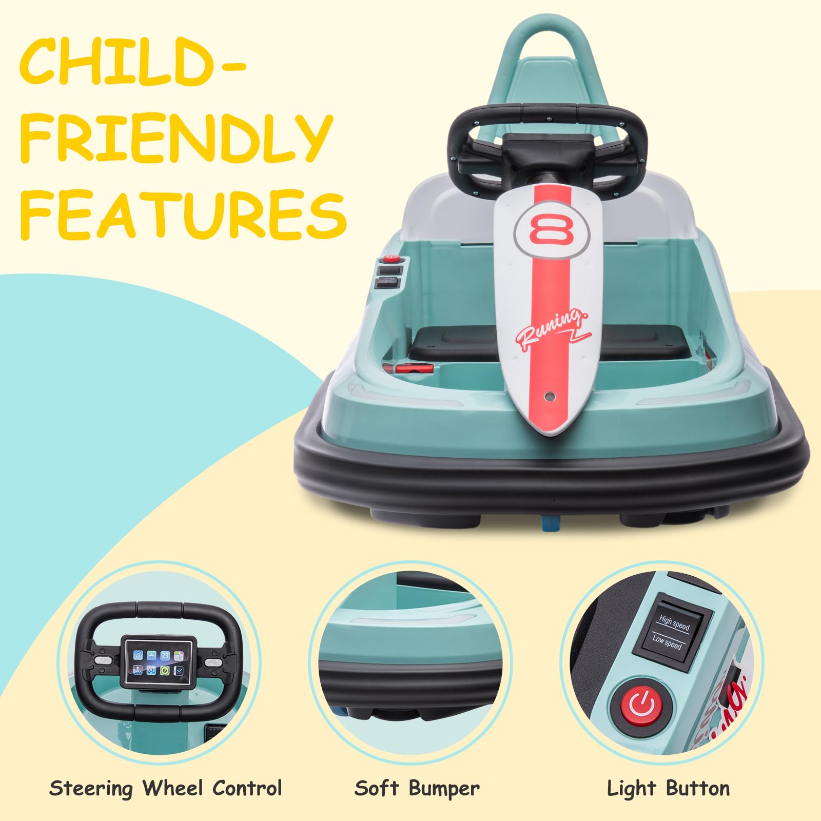 Garvee Ride - B Series: 6V Electric Ride On Toys for Kids 1.5-6 Years Old, Steering Wheel, 360 Degree Spin, 2-Speeds, Lights, Music & Horn, Safety Belts, Best for Birthday - Green