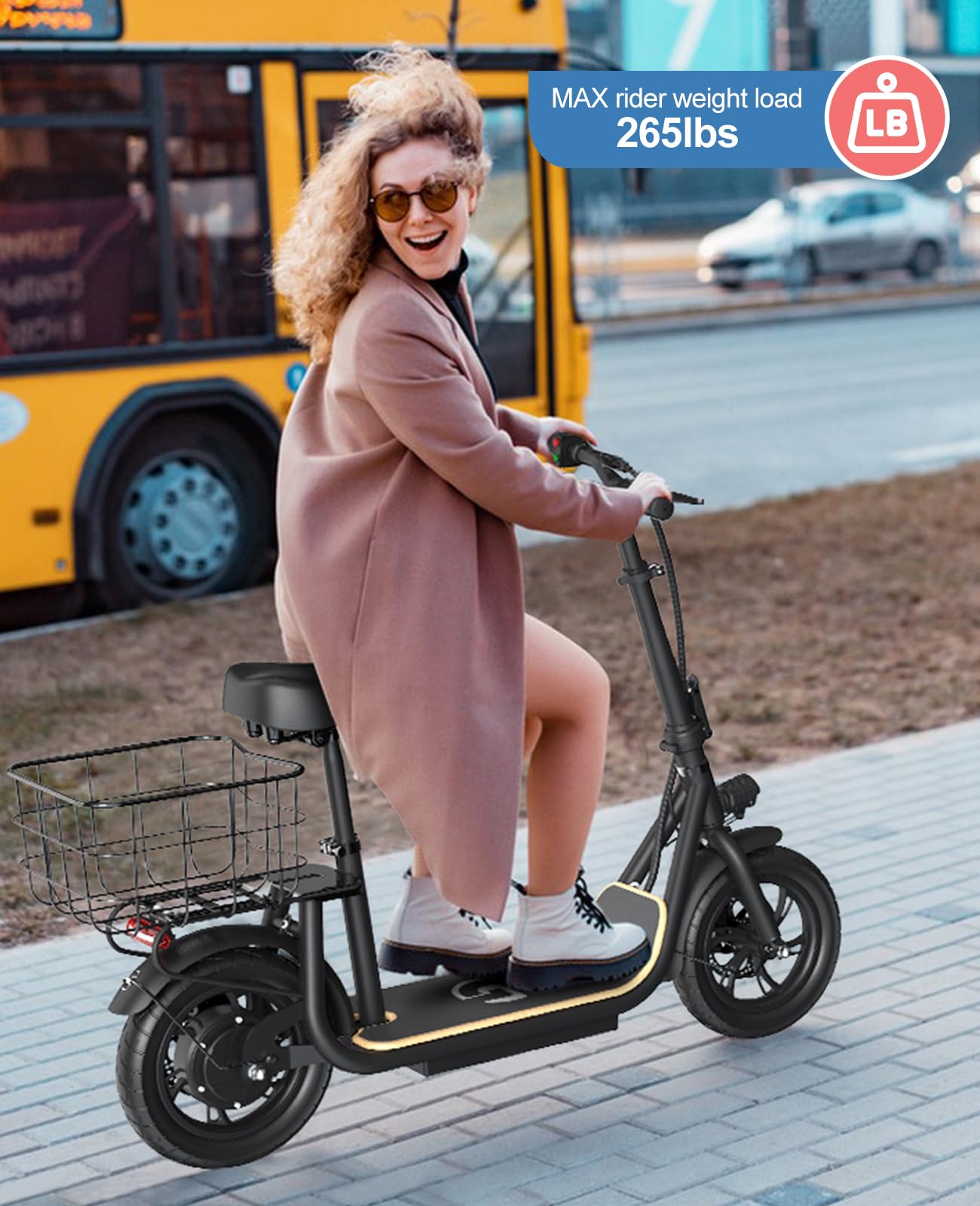 Garvee Electric Scooter with Seat, 36V Battery, 12" Tire, 450W Electric Scooter with Seat, Shock Absorbing Seat, Foldable Electric Scooters for Adults, Electric Scooter for Commuting with Basket