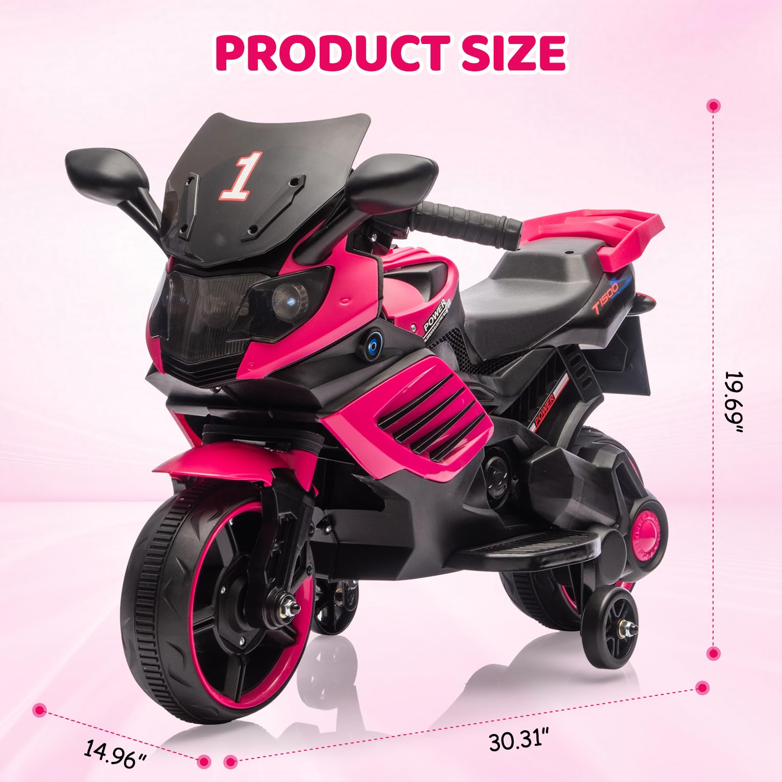 Garvee Kids 6V Ride On Motorcycle with Training Wheels for Toddlers, Rose Red, 30.31" L x 14.96" W x 19.69" H