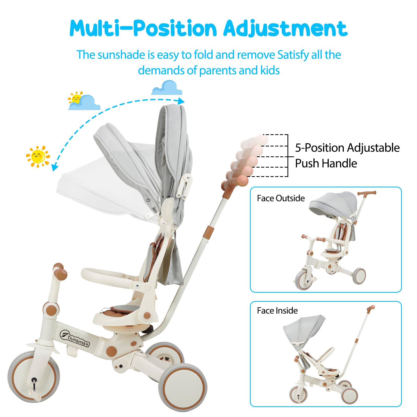 Garvee 7 in 1 Baby Tricycle, Foldable Toddler Tricycle with Removable and Adjustable Parent Handle, Toddler Push Bike with Removable Pedal, Canopy, and Guardrail, Tricycle for 12-72 Months(Brown)