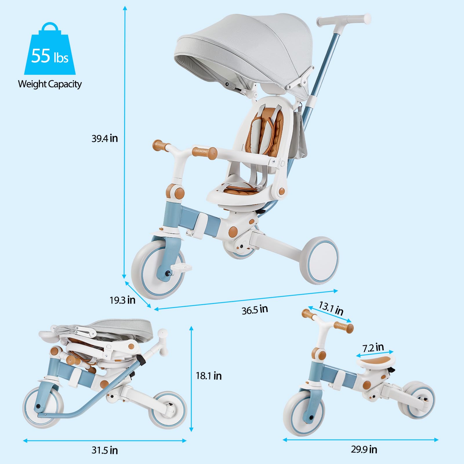 Garvee 7 in 1 Baby Tricycle, Foldable Toddler Tricycle with Removable and Adjustable Parent Handle, Toddler Push Bike with Removable Pedal, Canopy, and Guardrail, Tricycle for 12-72 Months(White)