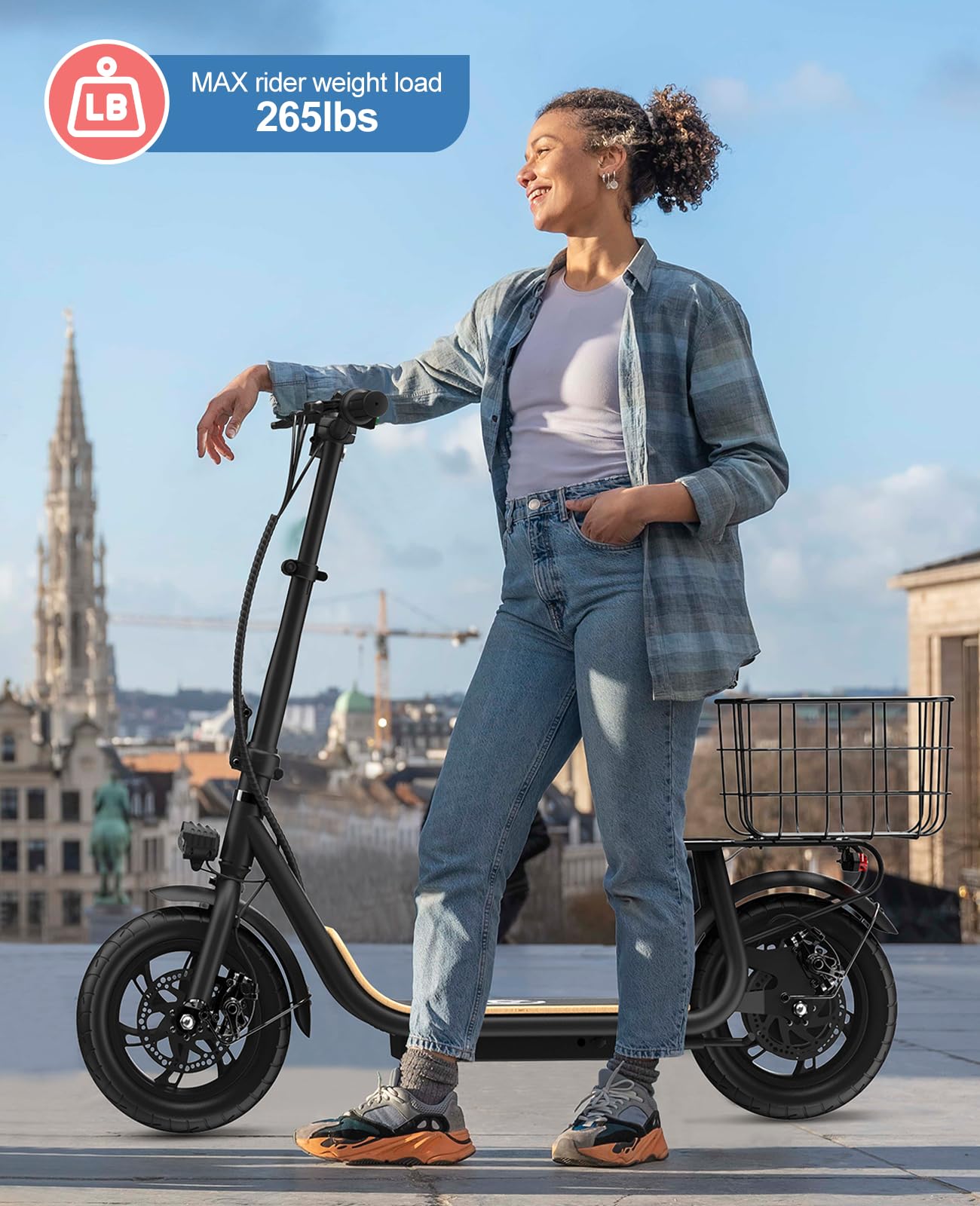 Garvee Electric Scooter for Adults, 12" Fat Tire Foldable Electric Bike with Seat and Basket, 500W Brushless Motor, Dual Brake System, 265lbs Max Load, 19 Mph 30 Miles Range, Smart LCD Display, Black