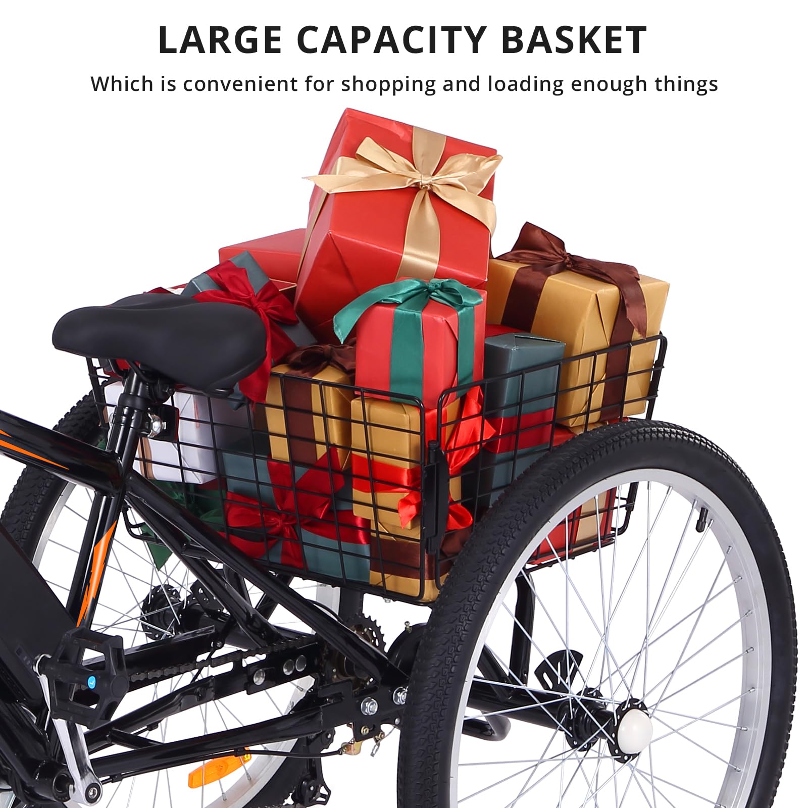 Garvee Adult 3-Wheel Electric Bike, 7-Speed Electric Trike with Basket - Black Orange / 26 inch Wheel
