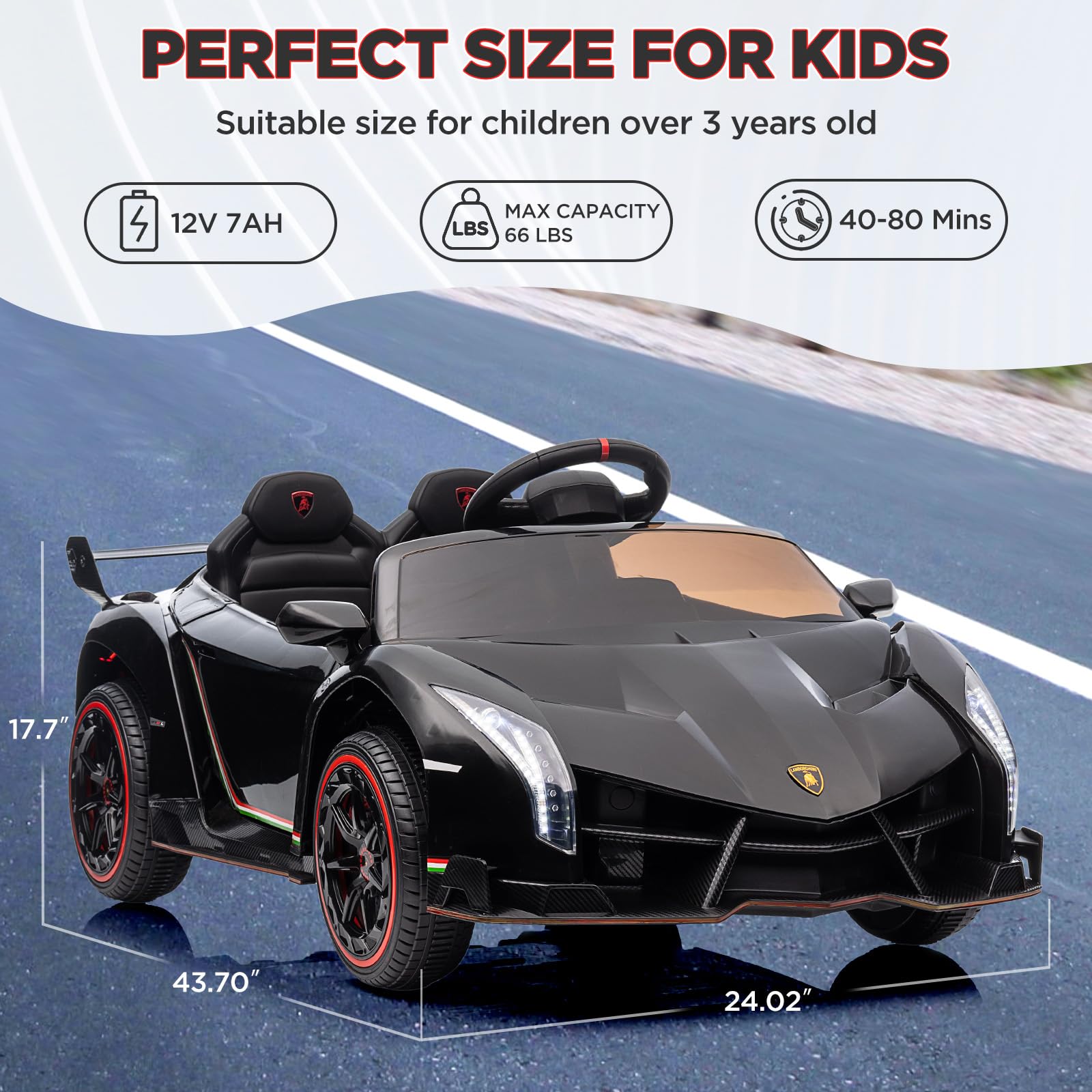 Garvee 12V Kids Ride On Car, Licensed Lamborghini Venono Electric Car w/Parent Remote Control, Scissor Door, 3 Speeds, LED Headlights, Rocking & Music, Battery Powered Ride on Toy for Boys Girls- Black