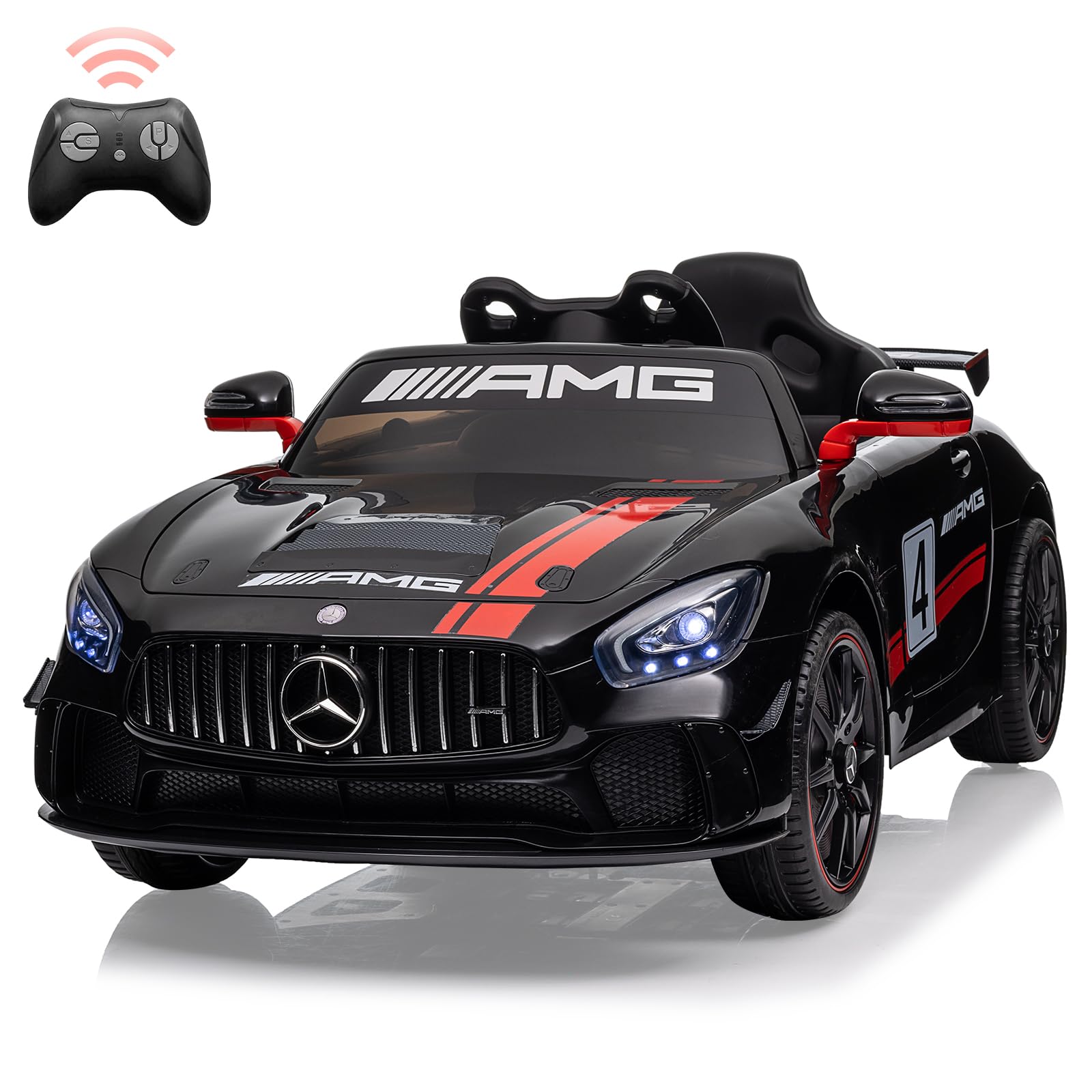 Garvee 12V Licensed Benz AMG Ride-On Car: Remote Control, Sound System, LED Headlights, One-Button Assemble Wheels, for Ages 3-8 - Black