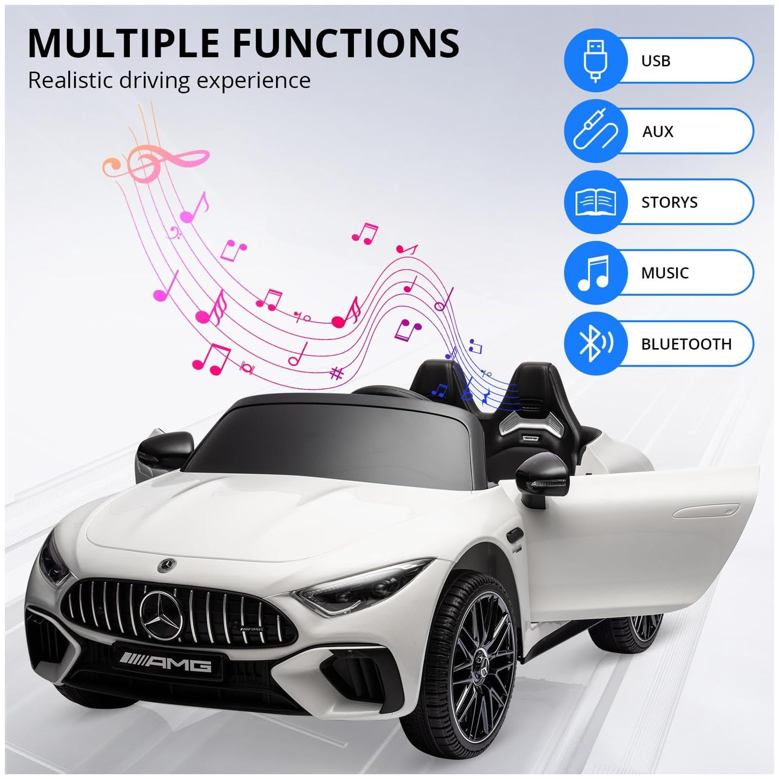 Garvee 12V Mercedes-Benz SL63 Ride-On Car: Remote Control, 2x35W Motors, 3-8 MPH, LED Lights, MP3, USB, Bluetooth, for Ages 3-7 - White