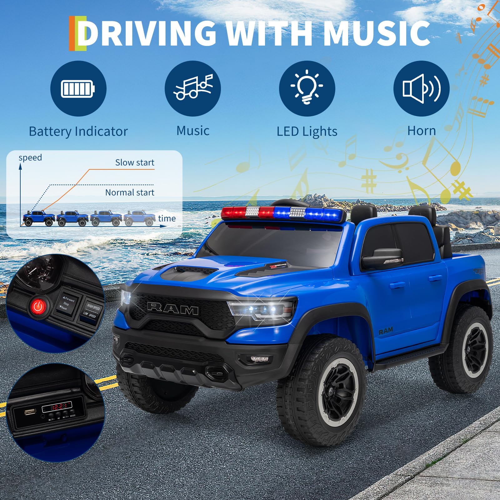 Garvee 12V Electric Ride On Truck for Kids Licensed RAM Pickup Truck Dual Motor Remote Control LED Lights Music Storage