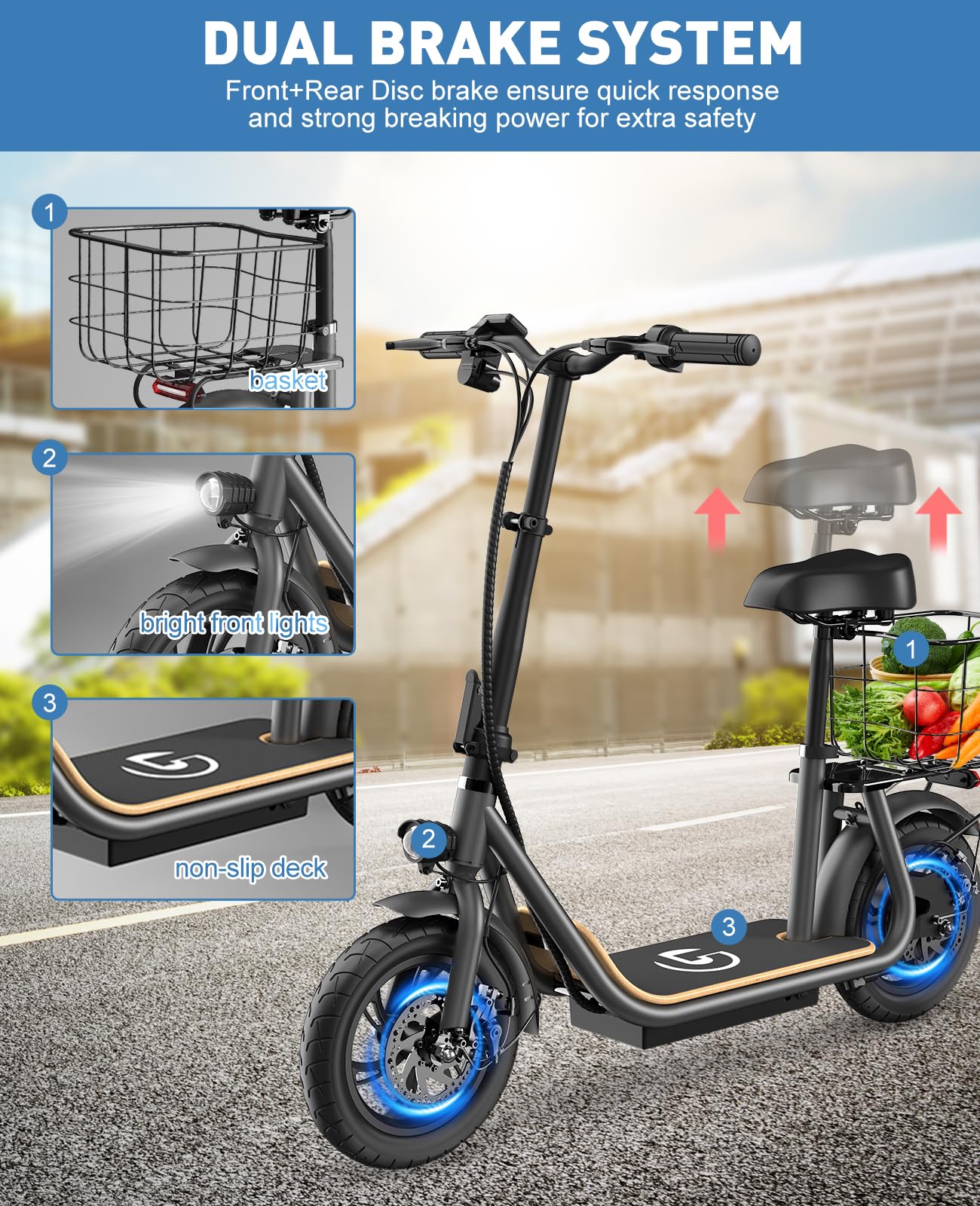 Garvee Electric Scooter for Adults, 12" Fat Tire Foldable Electric Bike with Seat and Basket, 450W Brushless Motor, Dual Brake System, 265lbs Max Load, 19 Mph 25 Miles Range, Smart LCD Display, Grey