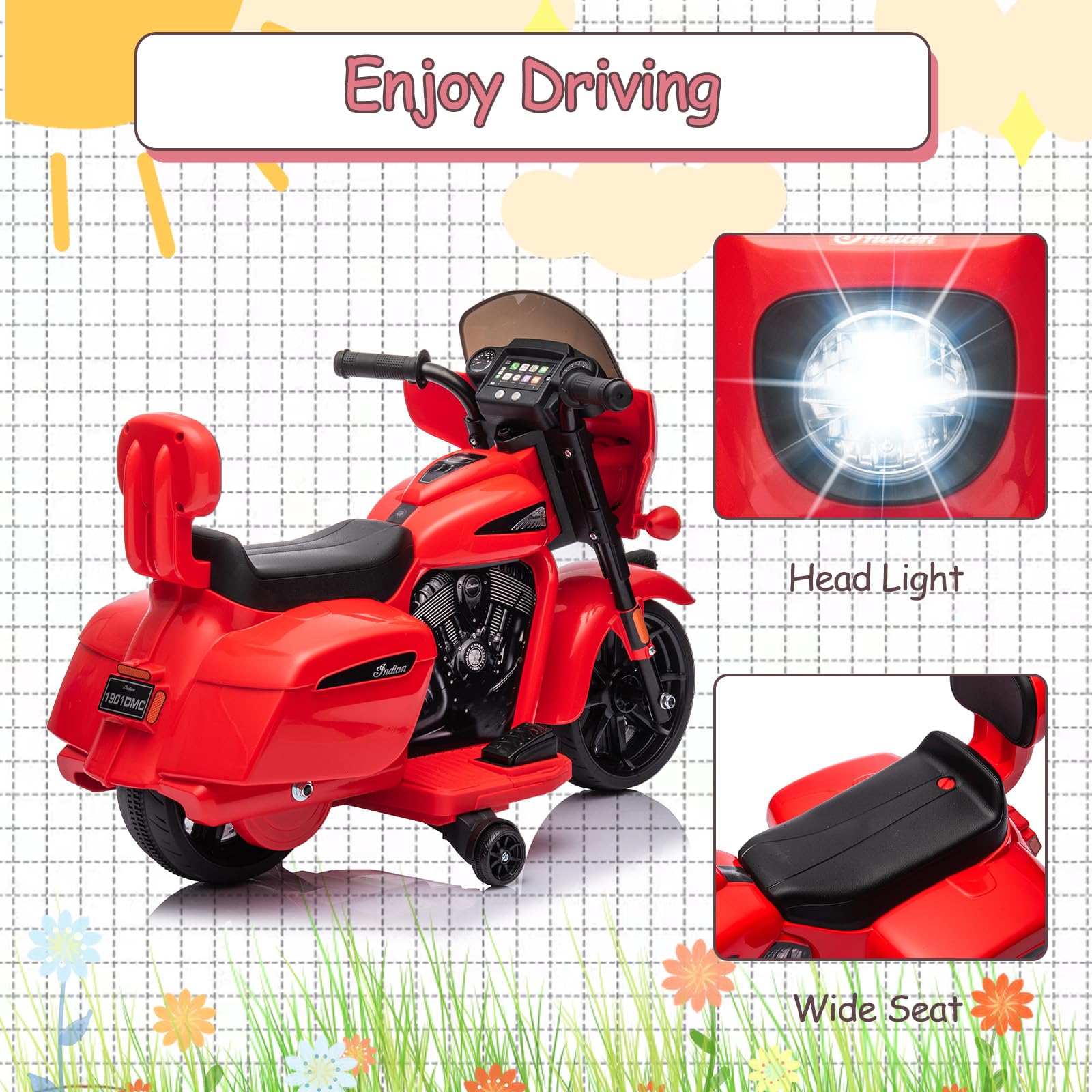 Garvee Ride - B Series: 6V Ride-On Motorcycle for Kids, Electric Dirt Bike with USB, Music, Headlight - Red