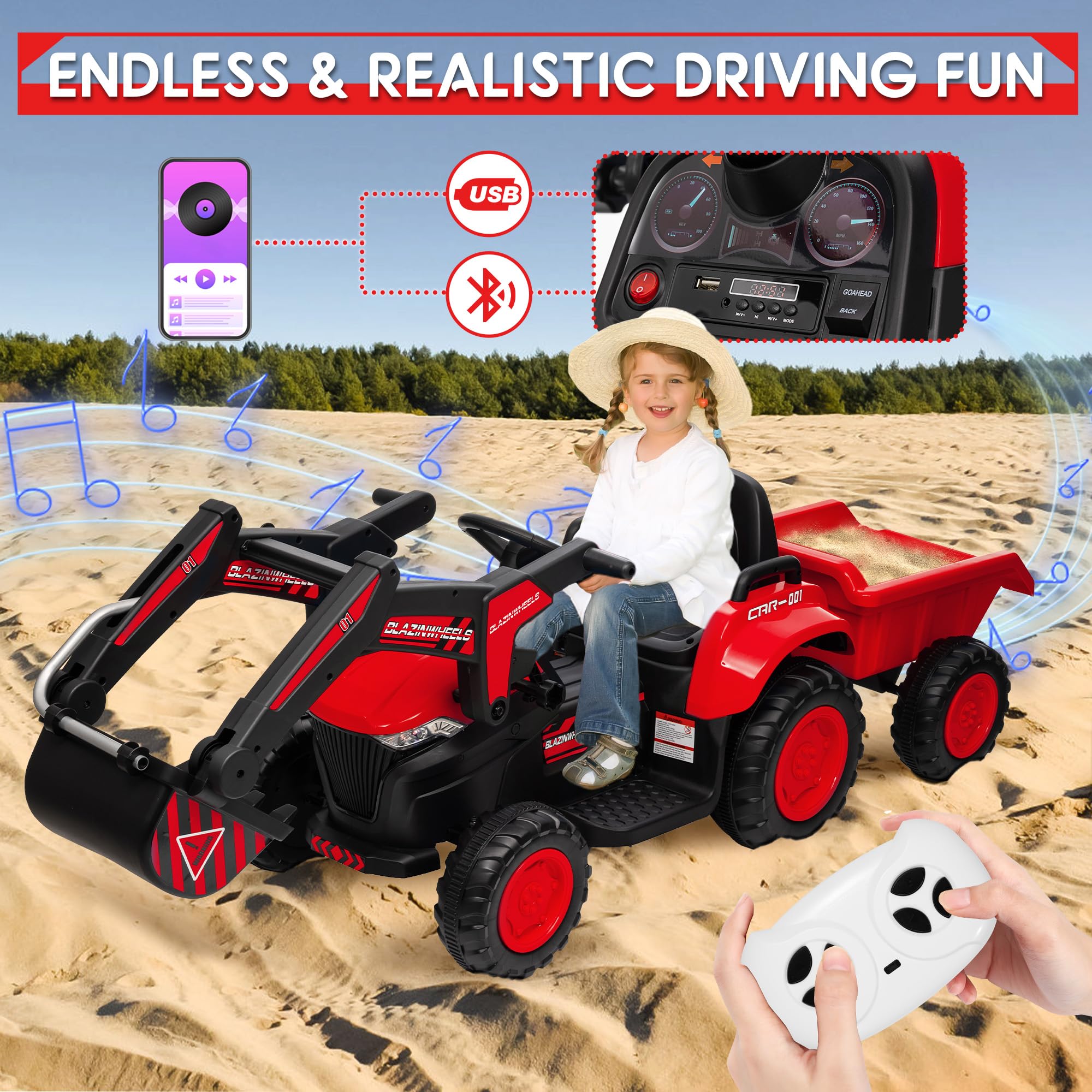 Garvee Ride - P Series: 12V 3 in 1 Ride on Excavator & Tractor with Detachable Trailer, Ride on Car Toy with Remote Control, Digger, LED Lights, Music, Kids Electric Vehicles for Boys Girls, Red