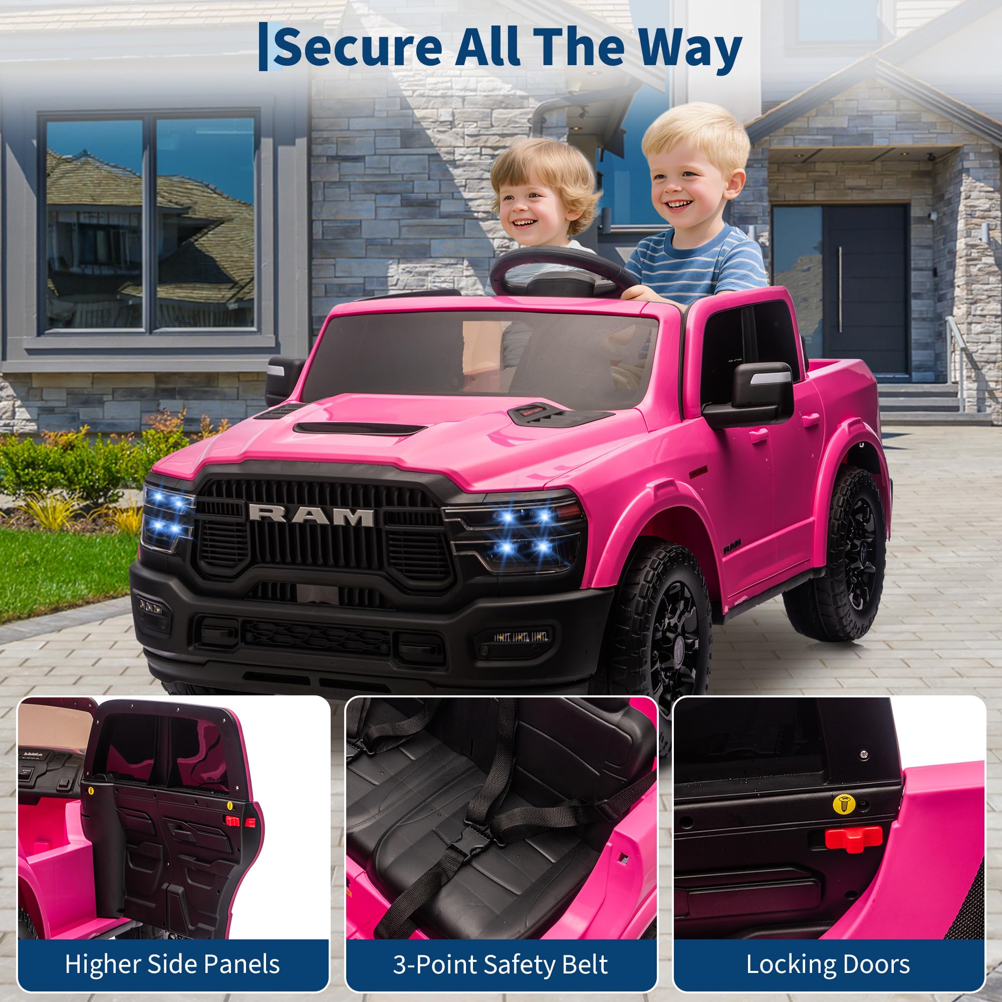 Garvee 24V Ride On Toys Licensed RAM 2500, 2 Seater Kids Ride On Truck Car, Pink, Spacious Truck Bed, LED Lights, Bluetooth, Suspension, 3 Speed