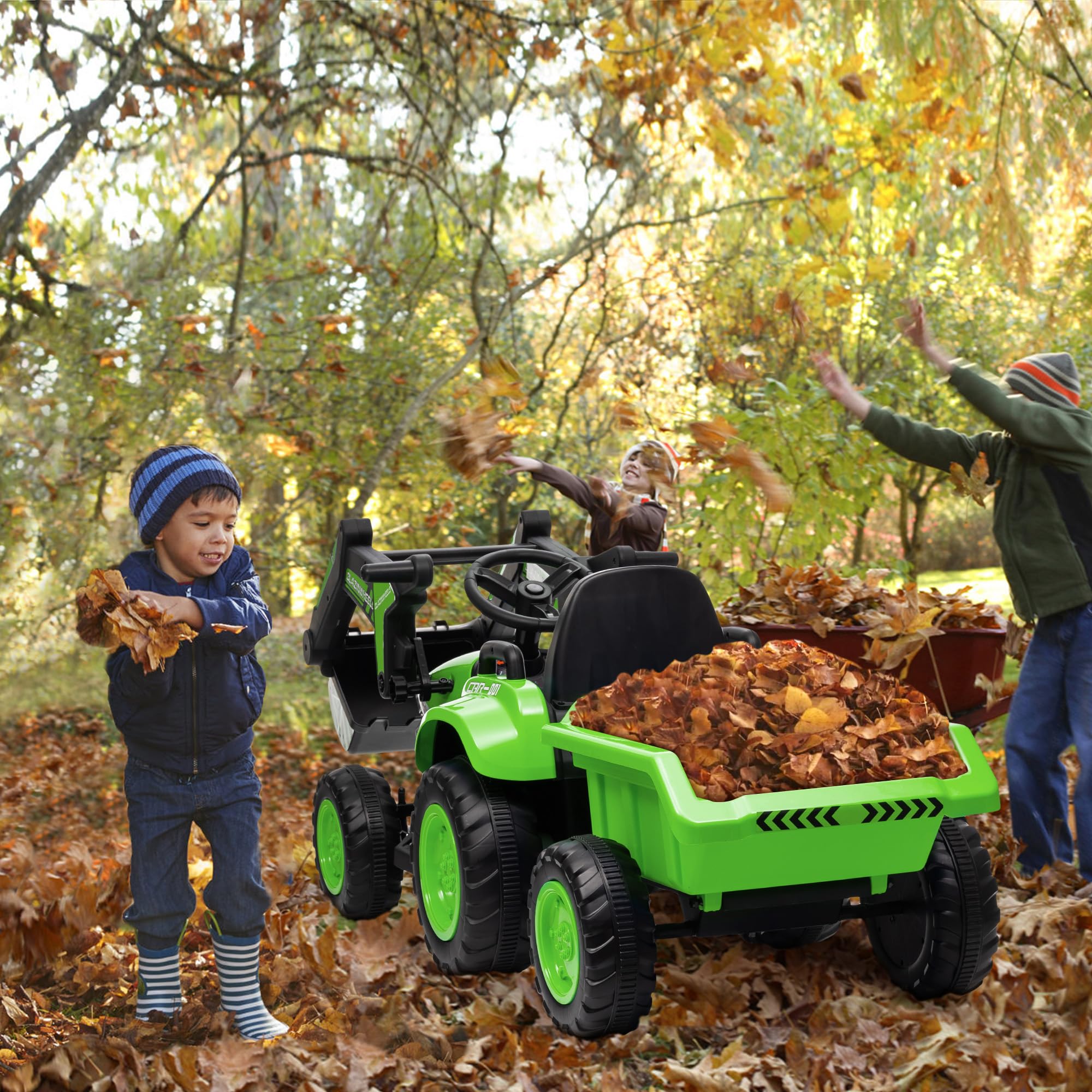 Garvee Ride - P Series: 12V 3 in 1 Ride on Excavator & Tractor with Detachable Trailer, Ride on Car Toy with Remote Control, Digger, LED Lights, Music, Kids Electric Vehicles for Boys Girls, Green