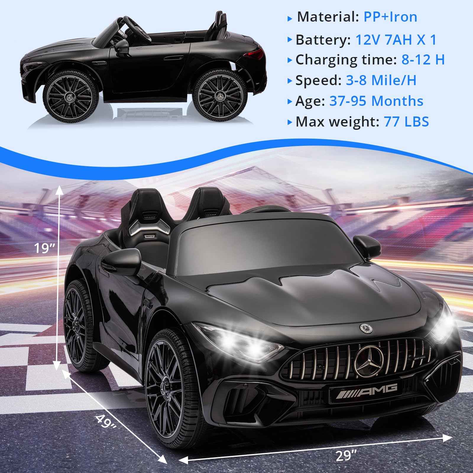 Garvee 12V Mercedes-Benz SL63 Ride-On Car: Remote Control, 2x35W Motors, 3-8 MPH, LED Lights, MP3, USB, Bluetooth, for Ages 3-7