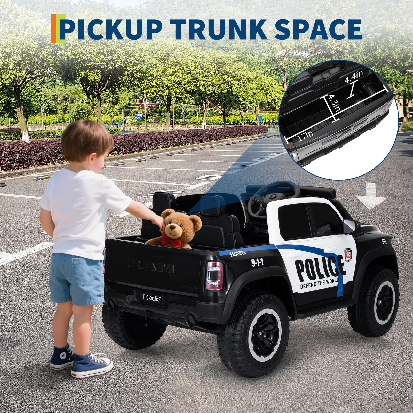 Garvee 12V Electric Ride On Truck for Kids Licensed RAM Pickup Truck Dual Motor Remote Control LED Lights Music Storage