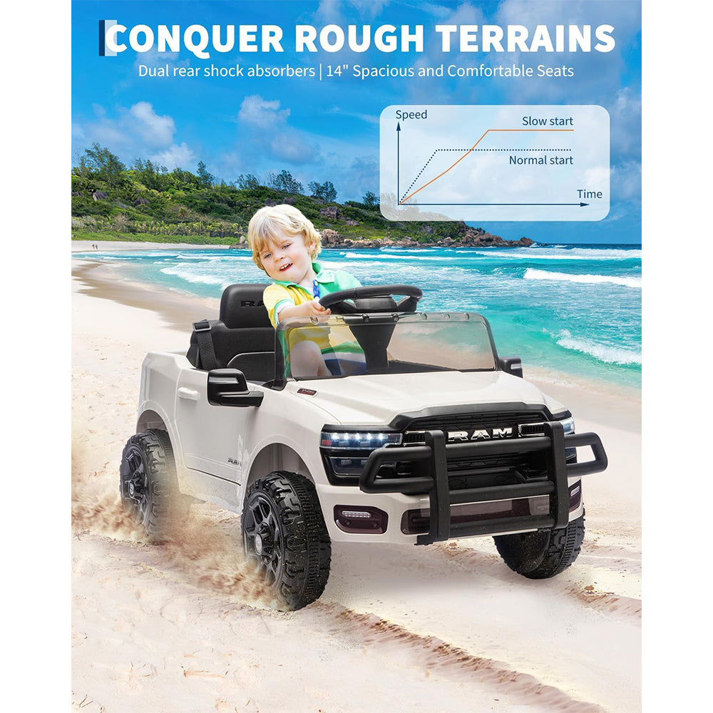 Garvee 12V Ride On Truck Car RAM Licensed Pickup, Remote Control, Spring Suspension, Battery Powered, LED Lights, All-Terrain Tires, White, Outdoor Play