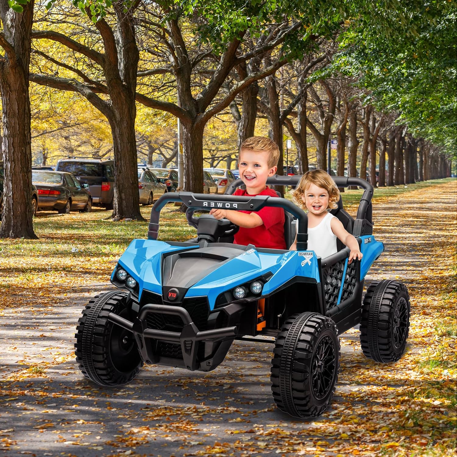 Garvee 24V Ride On Car Electric Off-Road UTV Truck with Remote Control, Lockable Doors, Safety Belt, PP+Metal, LED Lights, Music Player, Blue, Kids Outdoor Fun - Blue