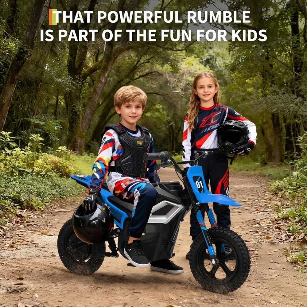 Garvee 24V Electric Dirt Bike for Kids 350W Motor, Rear Suspension, Leather Seat, Bluetooth Music, 12" Tires, Ages 10+, Outdoor Riding