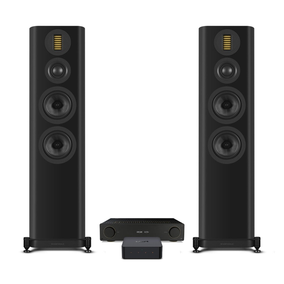 Arcam A15+ Integrated Amplifier with WiiM Pro Plus Streamer and Wharfedale EVO 5.4 Floorstanding Speakers Hi-Fi Package - Black