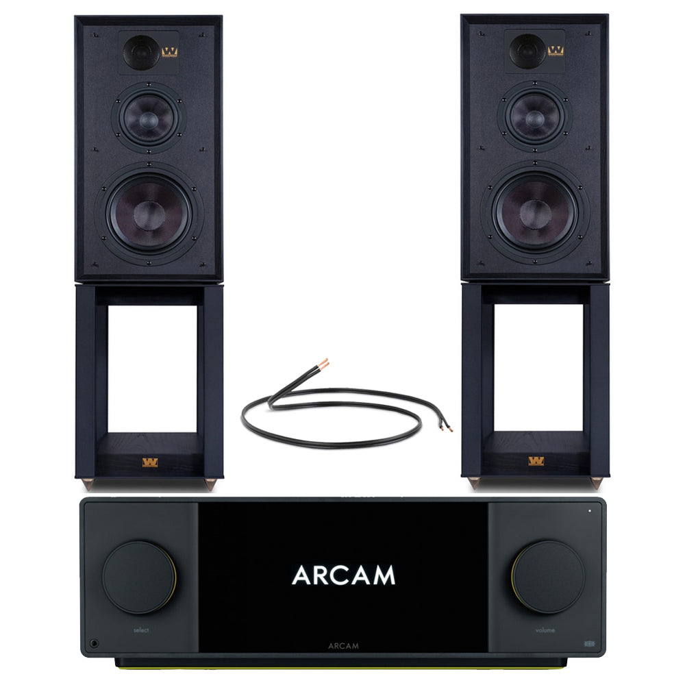 Arcam Radia SA45 Streaming Amplifier with Wharfedale Linton Heritage Standmount Speakers with Matching Stands - Black