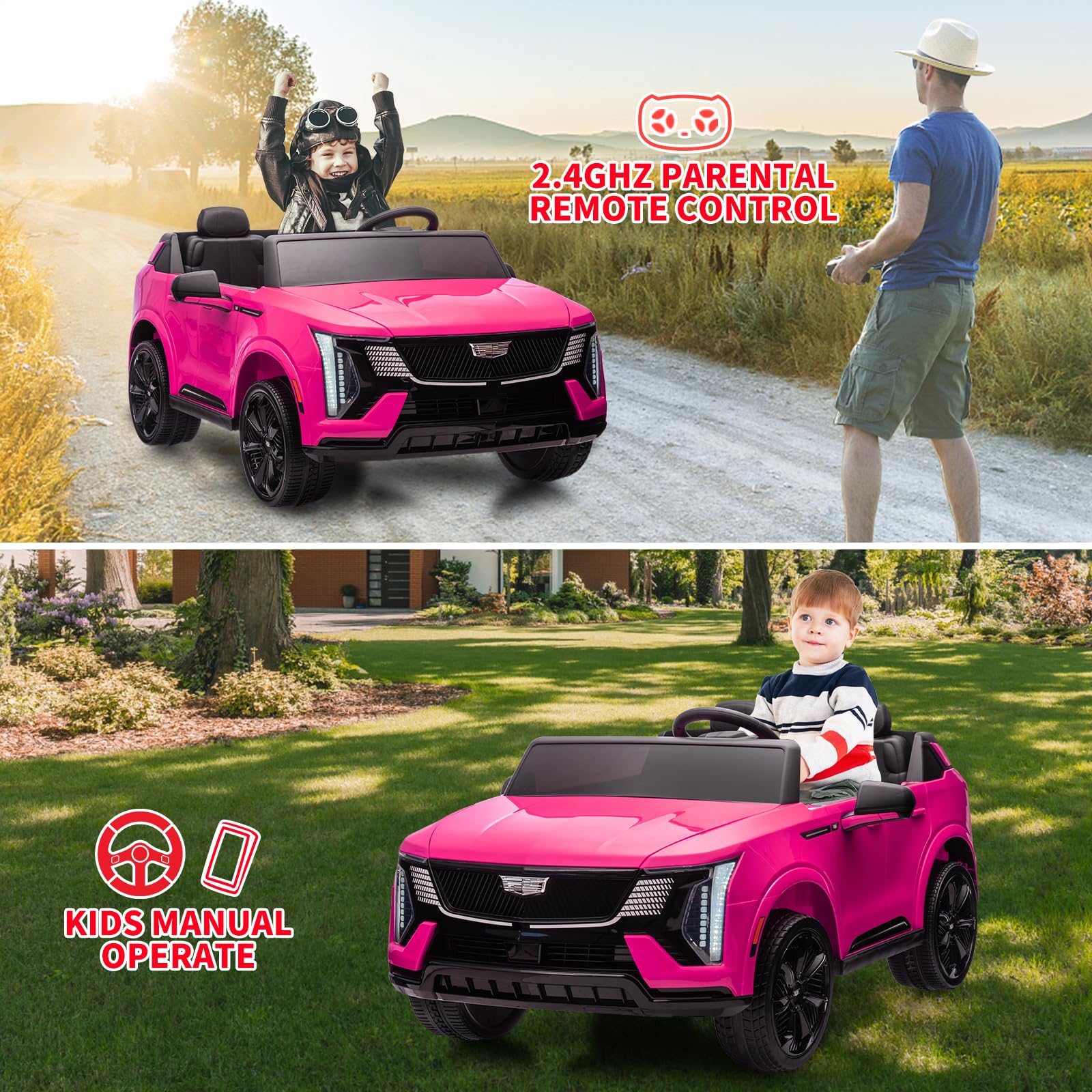 Garvee 24V Kids Ride On Car Licensed Cadillac 2-Seater Electric Truck with Remote Control, Spring Suspension, LED Lights, Music - Battery Powered, Pink, for Toddlers
