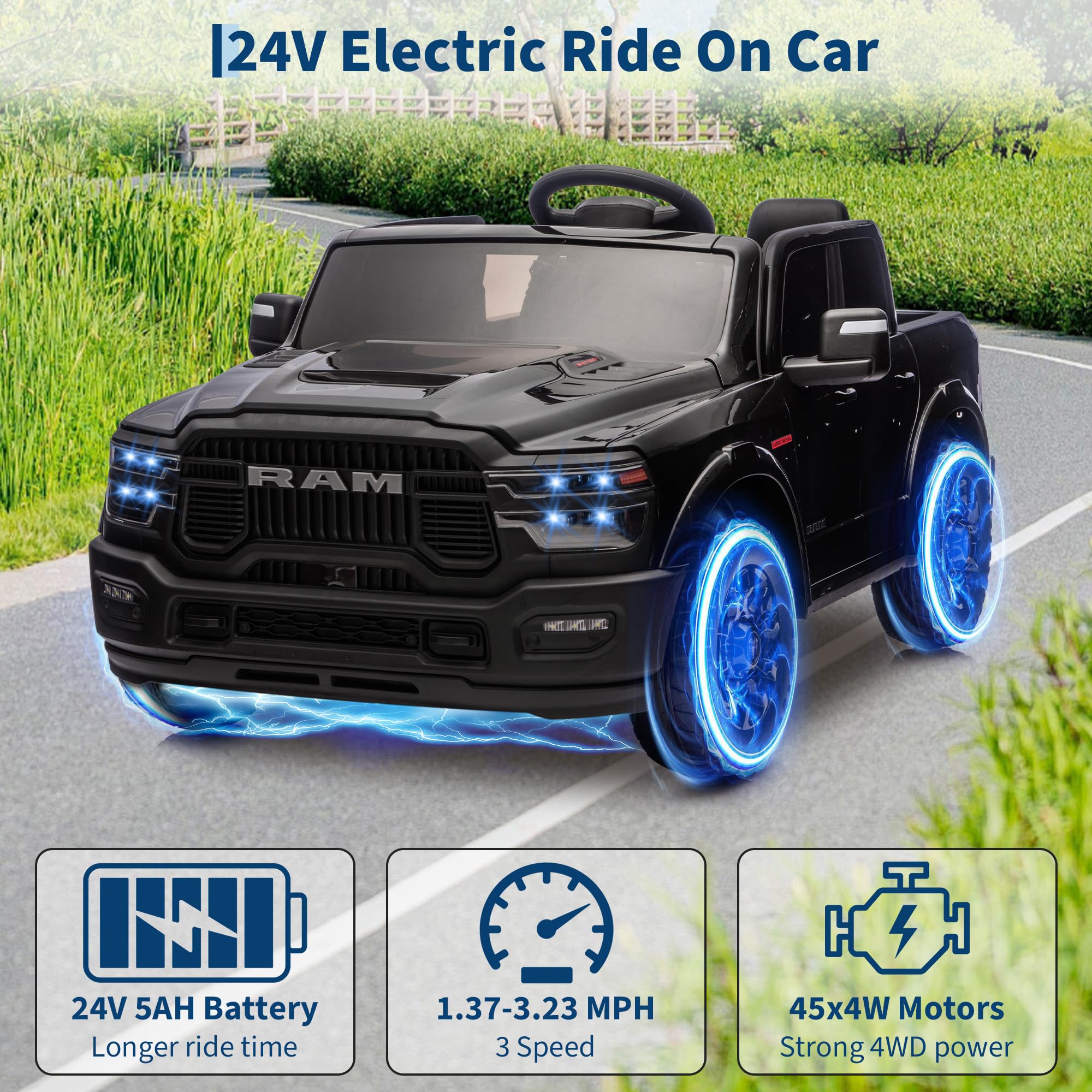 Garvee 2-Seater Electric Ride-On Truck for Kids, 24V RAM 2500 Licensed, Bluetooth, Remote Control, Suspension, LED Lights, Black, Outdoor Adventure