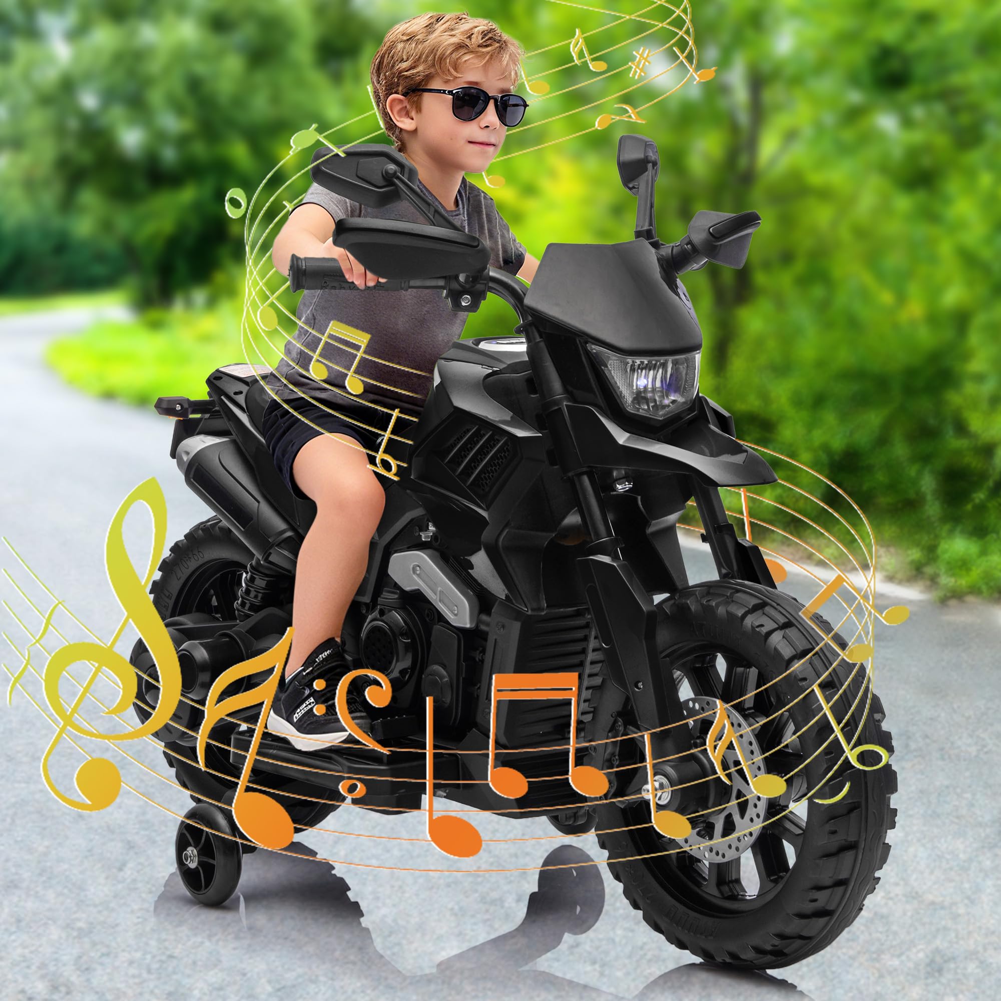 Garvee 6V Kids Electric Motorcycle with Training Wheels, Adjustable Speed 2-5 MPH, Durable Battery-Powered Ride-On Bike, Headlight & Music, Safe for Toddlers Outdoor Play