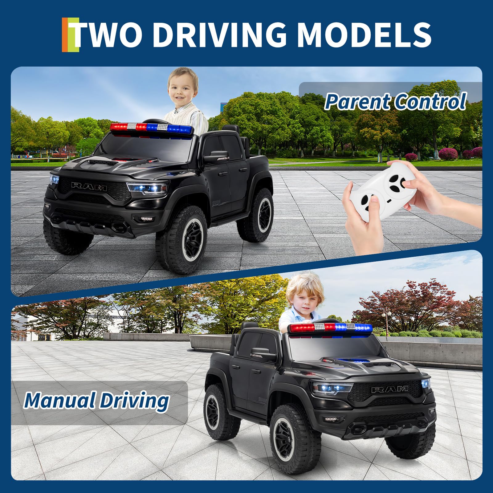 Garvee 12V Kids Ride On Police Car RAM Truck with Remote Control, 3 Speeds, Spring Suspension, LED Lights, Safety Lock, Pickup Truck for Toddlers