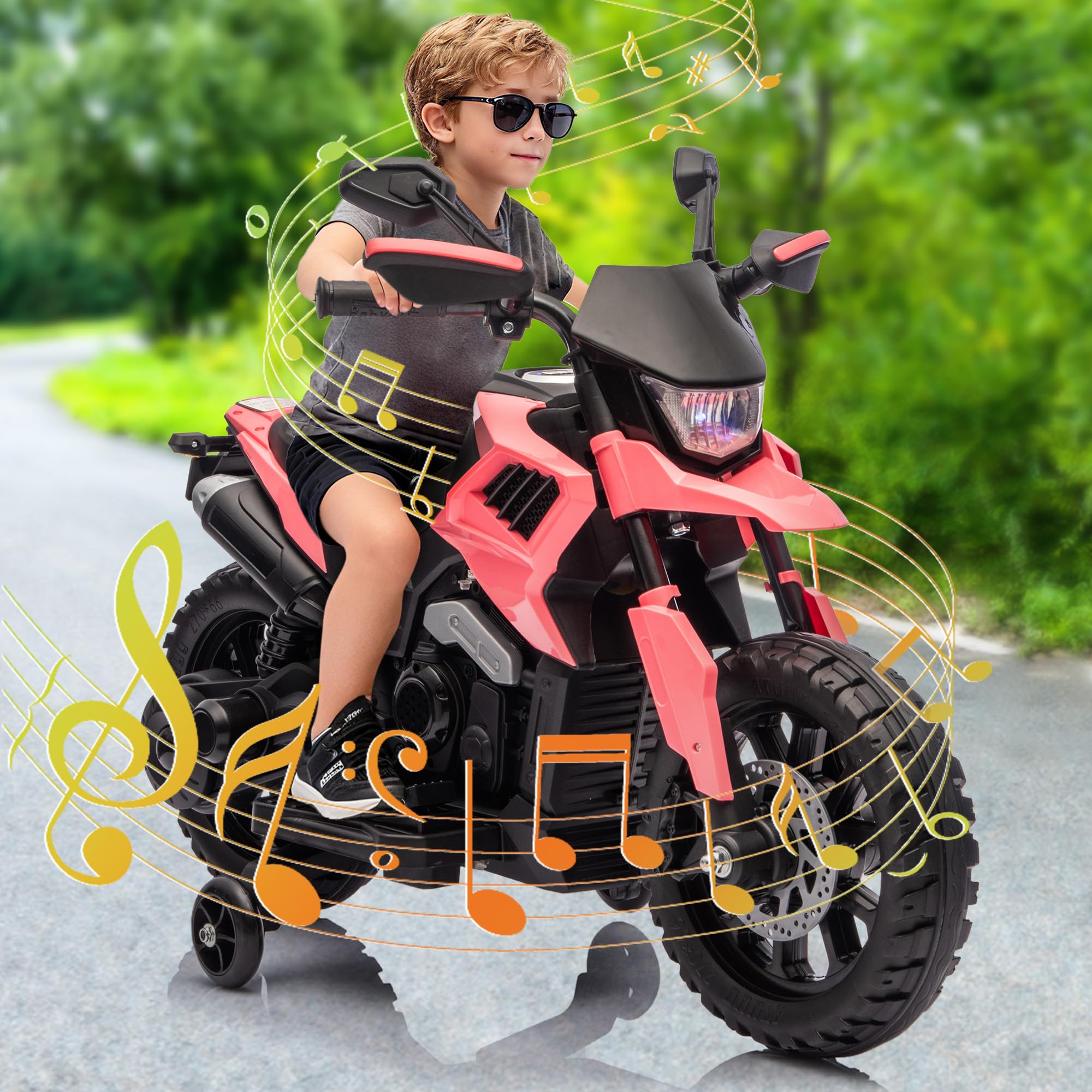 Garvee 6V Kids Electric Motorcycle with Training Wheels, Adjustable Speed 2-5 MPH, Durable Battery-Powered Ride-On Bike, Headlight & Music, Safe for Toddlers Outdoor Play