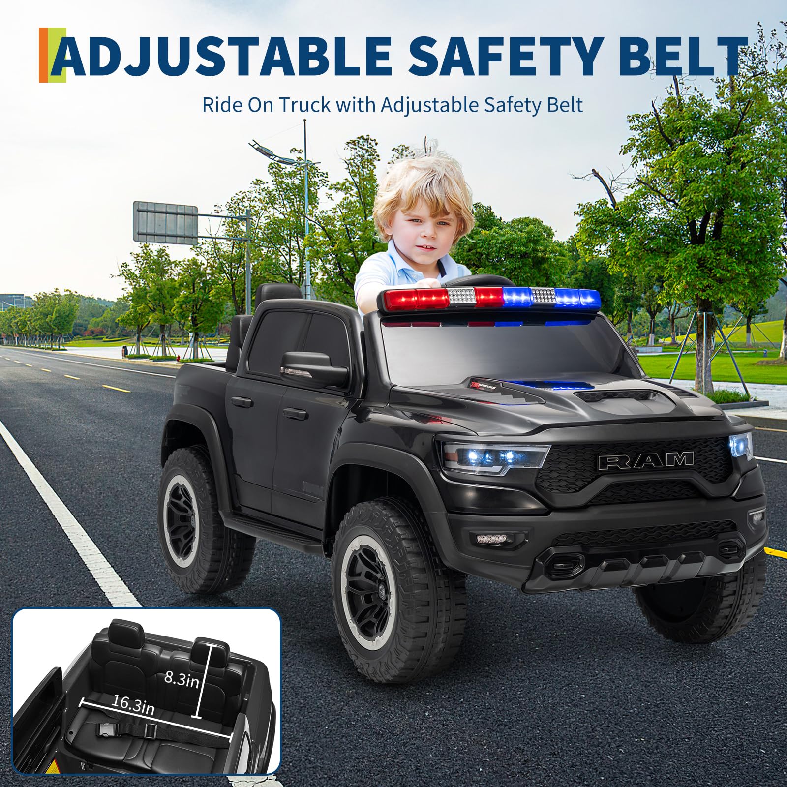 Garvee 12V Kids Ride On Police Car RAM Truck with Remote Control, 3 Speeds, Spring Suspension, LED Lights, Safety Lock, Pickup Truck for Toddlers
