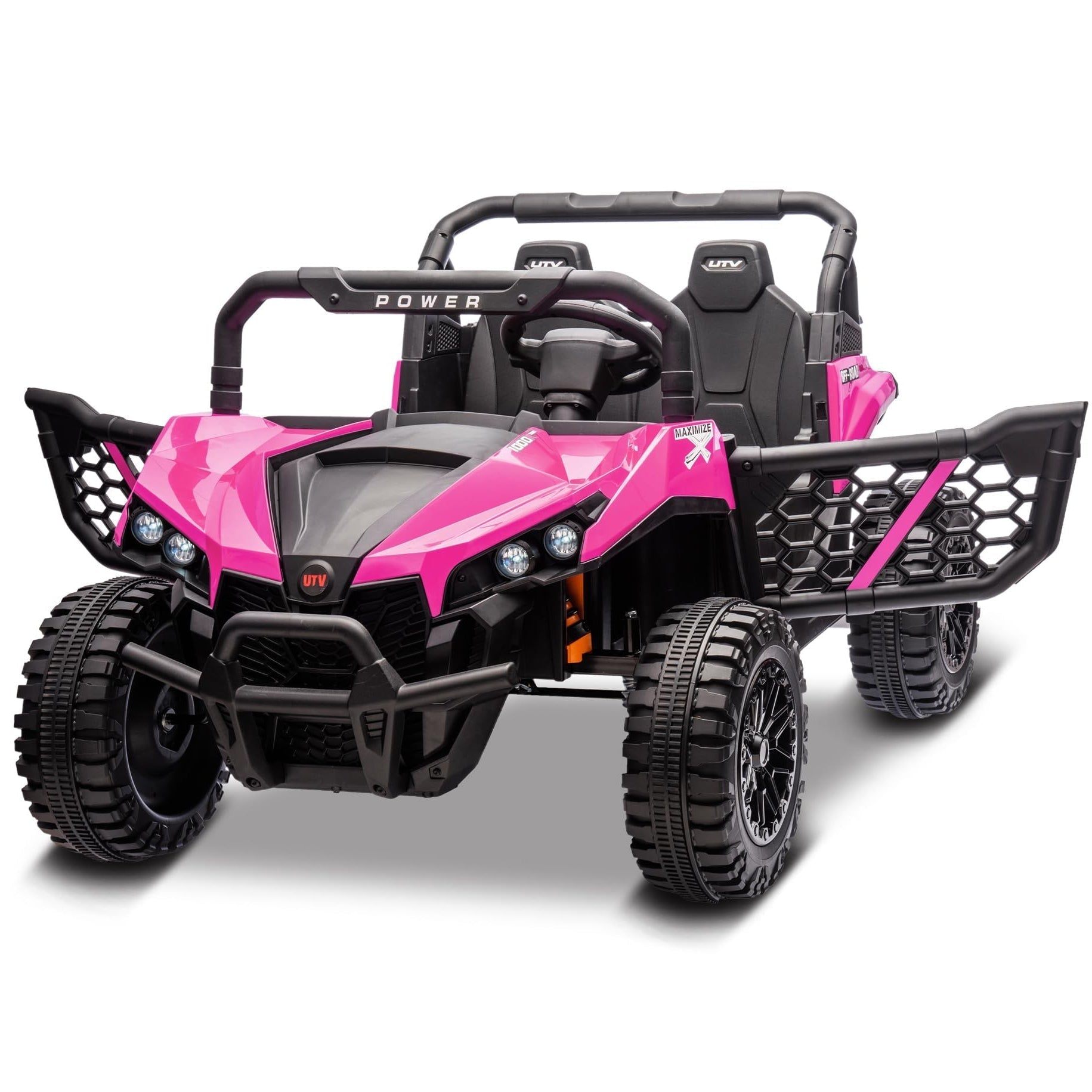 Garvee 24V Ride On Car Electric Off-Road UTV Truck with Remote Control, Lockable Doors, Safety Belt, PP+Metal, LED Lights, Music Player, Blue, Kids Outdoor Fun - Rose