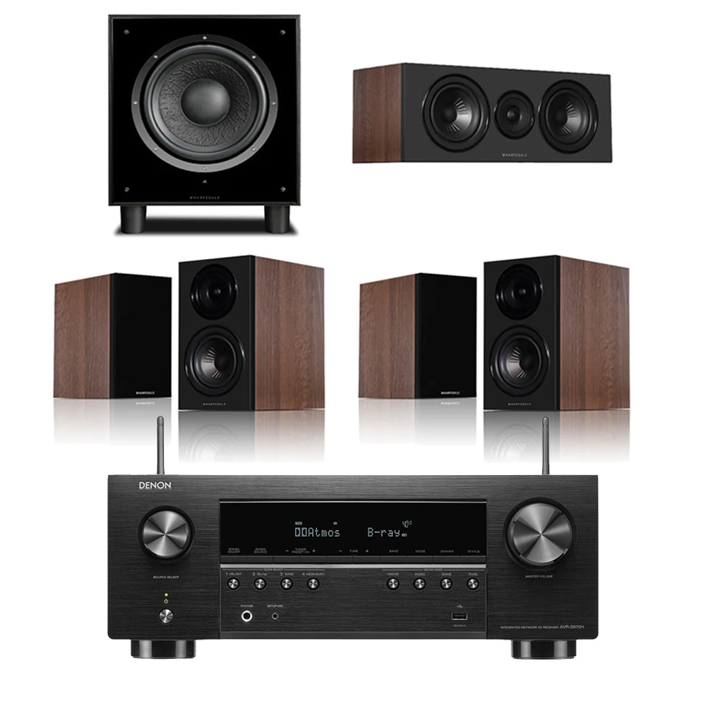 Denon AVRS970H 8K 7.2 Ch Dolby Atmos AV Receiver Black with Wharfedale Diamond 12.1i HCP 5.1 Speaker Package Walnut