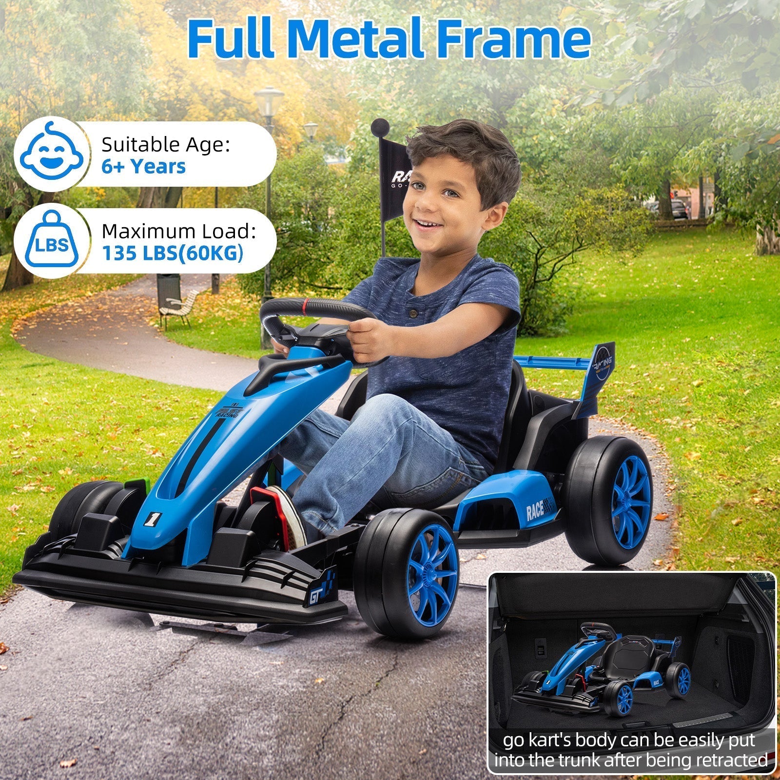 Garvee Ride - G Series: 24V Kids Ride on Go Kart, 7.5mph Variable High Speed Drifting Car, 7ah Battery 200W*2 Motors ,Length Ajustable Max Load 135lbs, Power Display Racing Toy for for Kids Child 6+ ,Blue