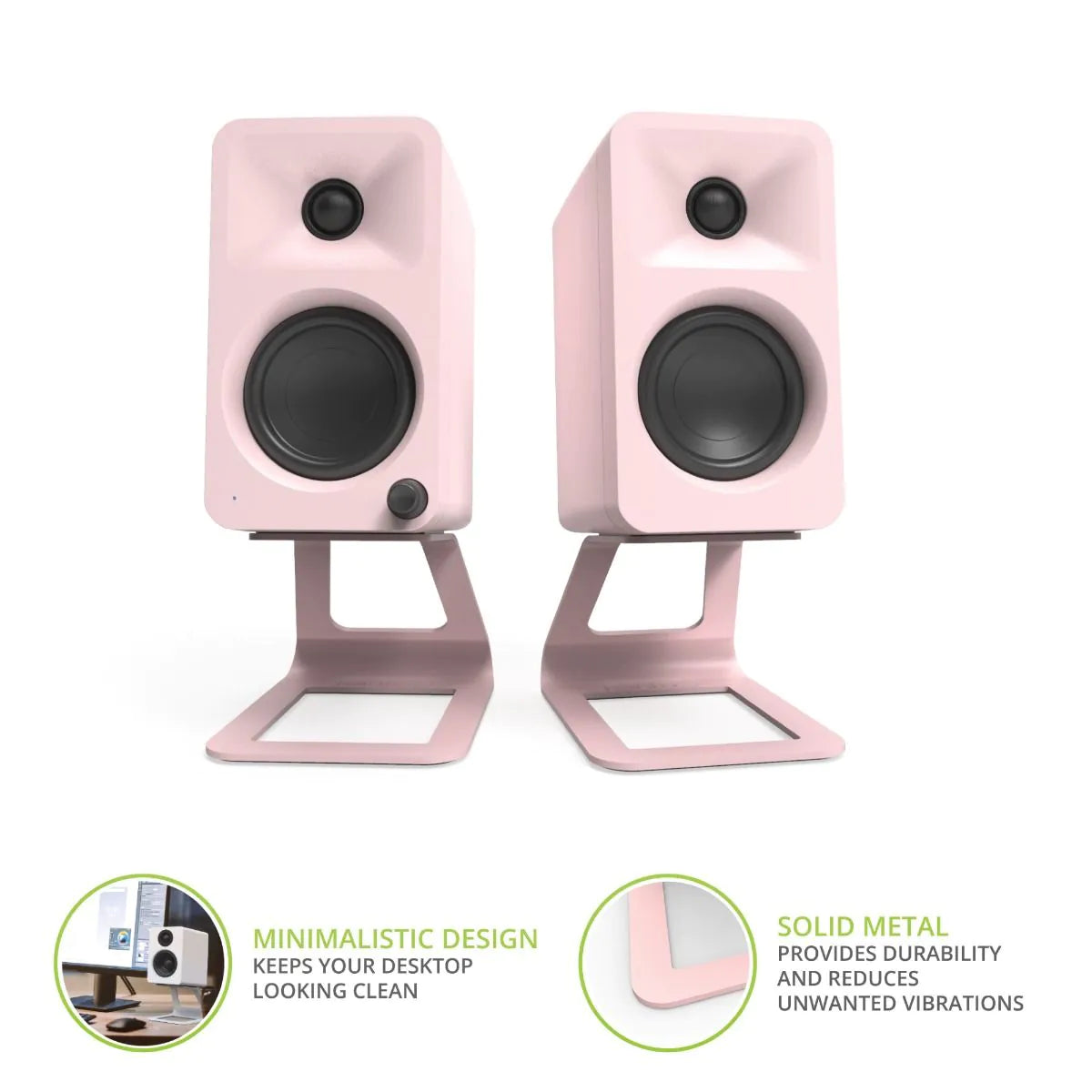 Kanto ORA 100W Powered Reference Desktop Speakers with Bluetooth & SE2 Speaker Stands Package Pink