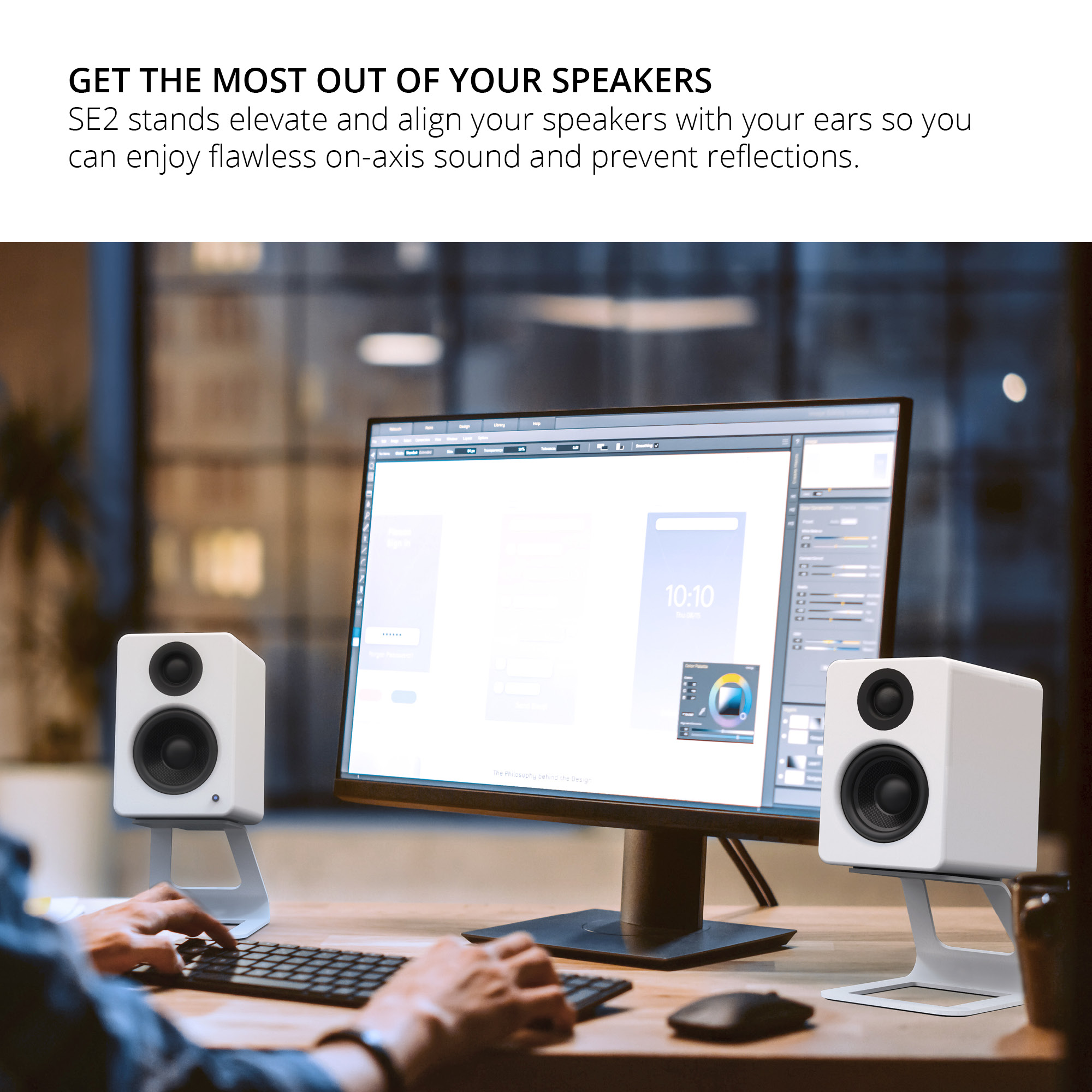 Kanto ORA 100W Powered Reference Desktop Speakers with Bluetooth & SE2 Speaker Stands Package White