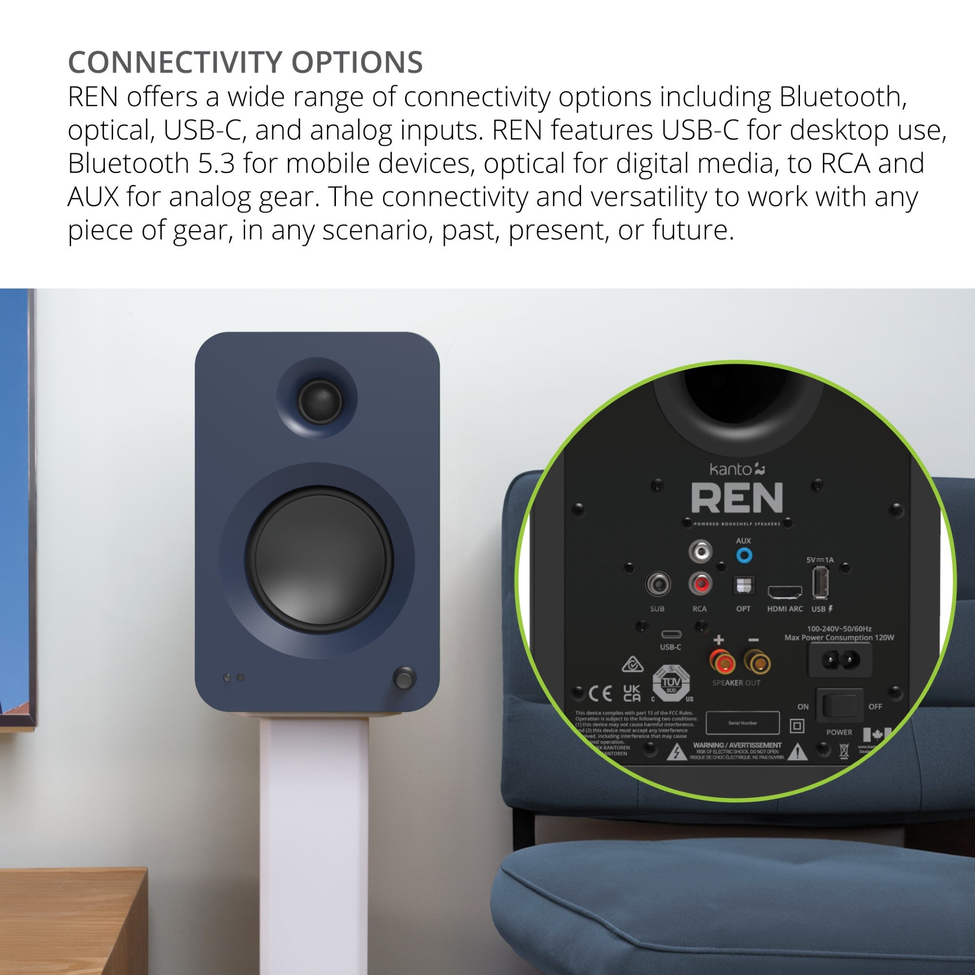 Kanto REN 200W Powered Bookshelf Speakers Pair with HDMI ARC USB-C and Bluetooth 5.3 - Matte Black