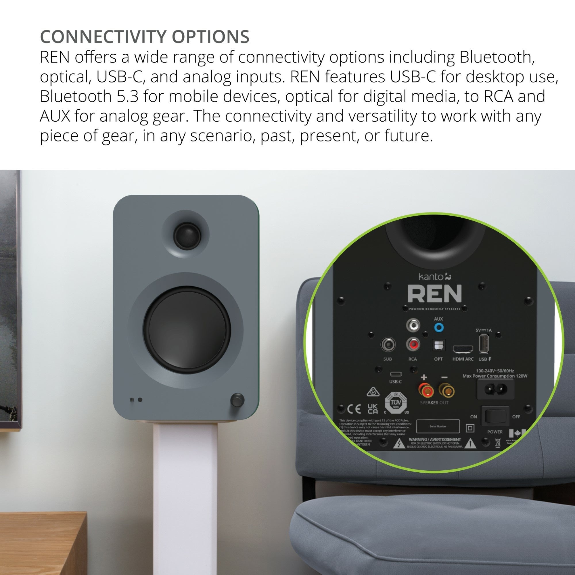 Kanto REN 200W Powered Bookshelf Speakers Pair with HDMI ARC USB-C and Bluetooth 5.3 - Matte Grey