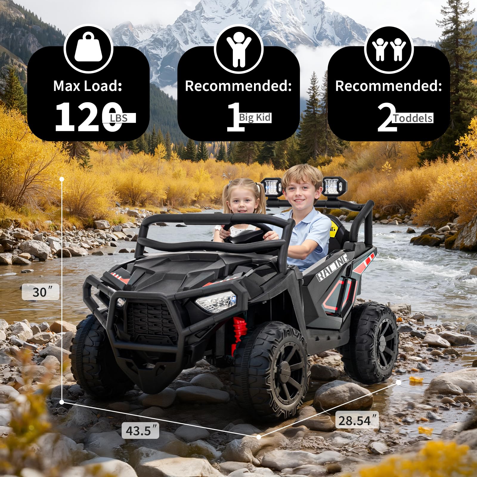 Garvee 24V 2-Seater Electric UTV Ride-On Truck for Kids Ages 2-8 – Battery Powered, Remote Control, 4-Wheel Suspension, Gradual Power-Up, 3 Speeds, LED Lights, Wireless – Black