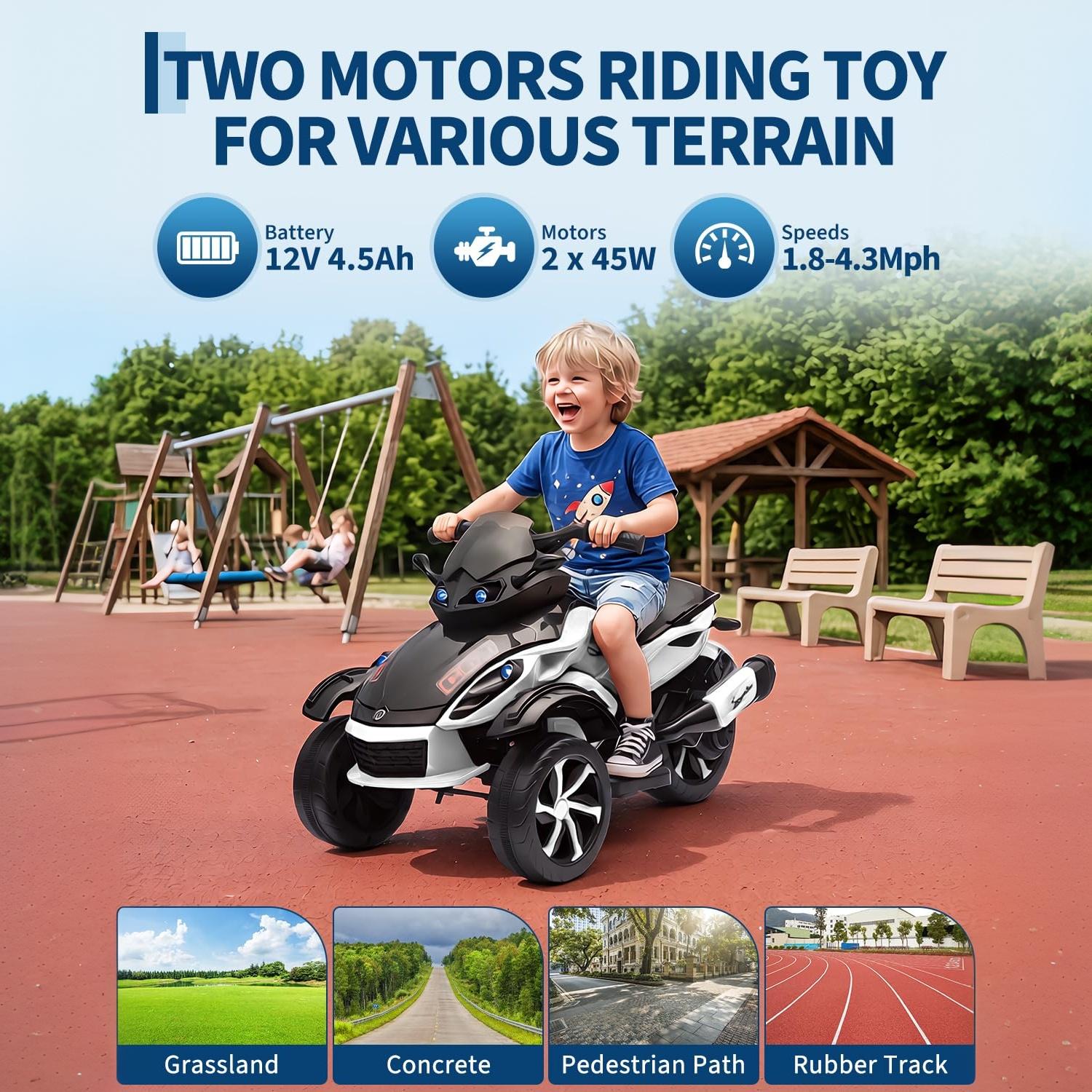 Garvee 12V Dual Motor Kids Electric Ride-On Car & 3-Wheel ATV – 4 MPH, Treaded Tires, LED Lights & Music, 66 lbs Capacity, Outdoor Battery Powered Vehicle for Boys & Girls Ages 3-8 – White