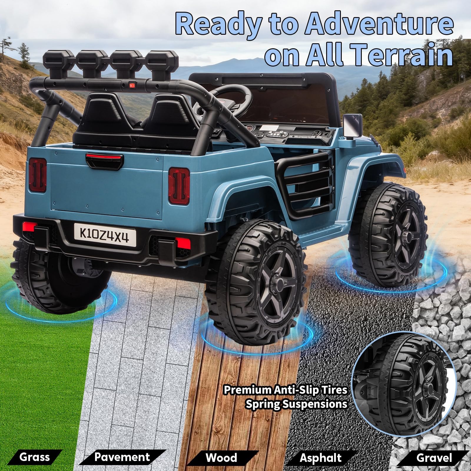 Garvee 24V 2-Seater Electric Ride On Truck for Kids – Remote Control – 4-Wheel Suspension – 3 Speeds – LED Lights – Wireless Audio & MP3 Player – Standard Test Method/CPSIA Certified – Light Blue
