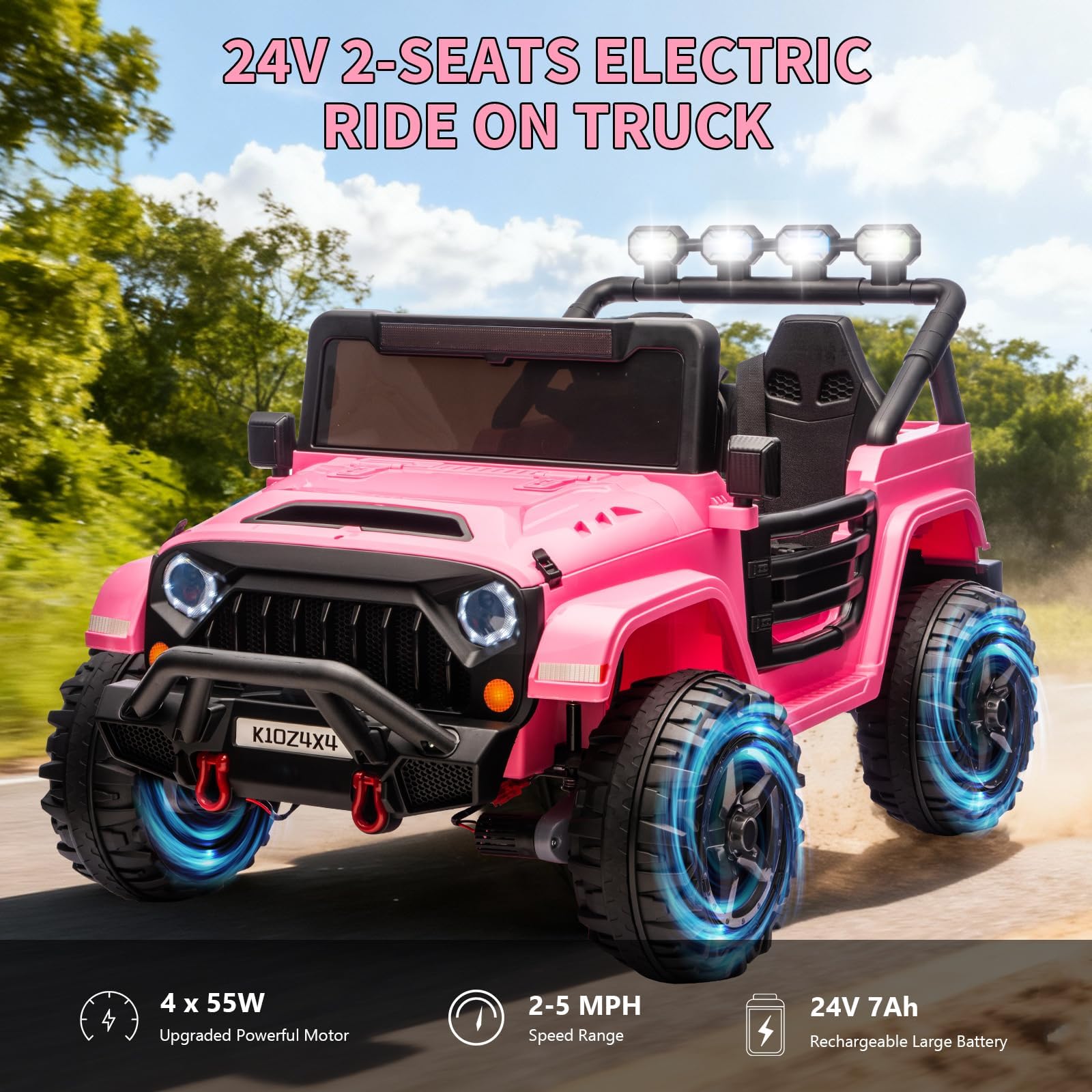 Garvee 24V Electric Ride On Truck for Kids – 2-Seater 4x4 Car – Remote Control – 3 Speeds – LED Lights – Wireless Audio Music Player – Gradual Start & Suspension – Pink
