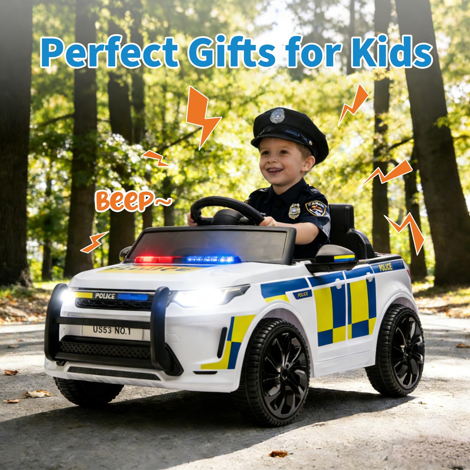 Garvee Kids Police Ride-On Car 12V Dual-Motor, Bluetooth, LED Lights, Safety Belt, Anti-Rollover Tires, White/Black, Outdoor Adventure Toy