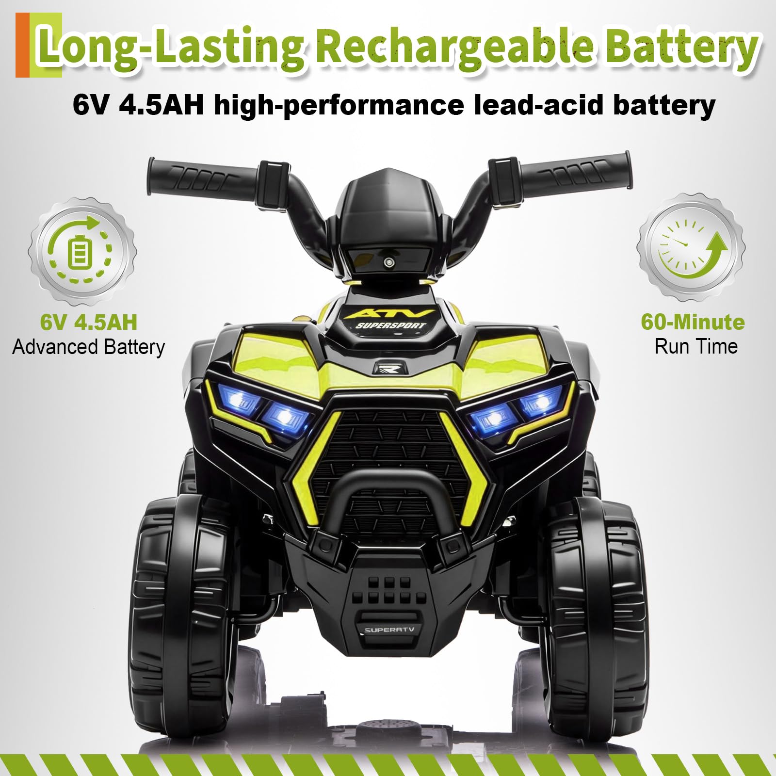 Garvee 6V Battery Powered Kids ATV Car with Lights and Music, 3.5mph Speed, Durable All-Terrain Tires, Safe Plastic Build, Toddler Ride-On Toy for Ages 3-6